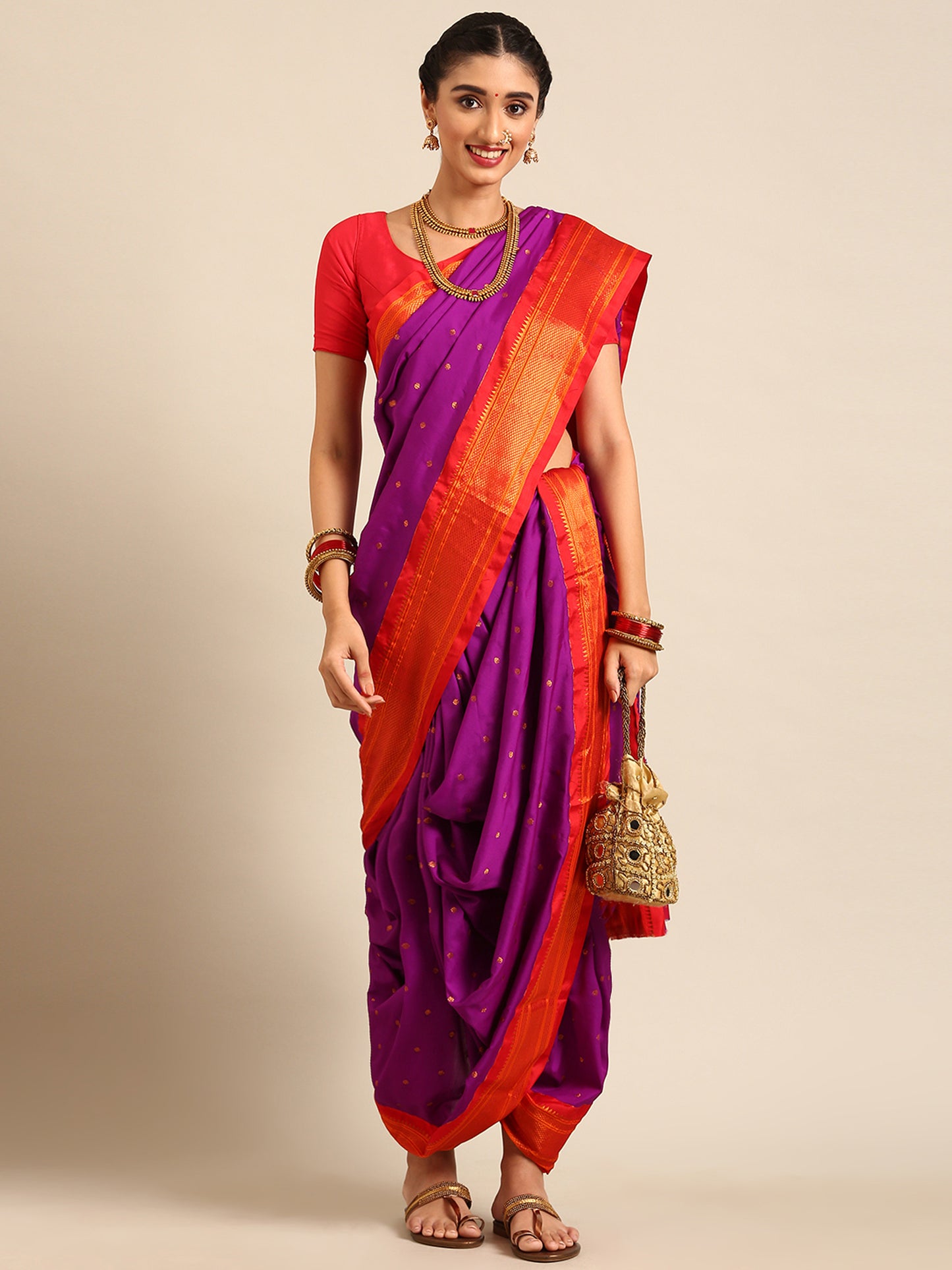 Maharani Nauvari Paithani Saree 9-Yard Silk Blend Traditional Marathi Kashta Saree | Swamini Purple & Red
