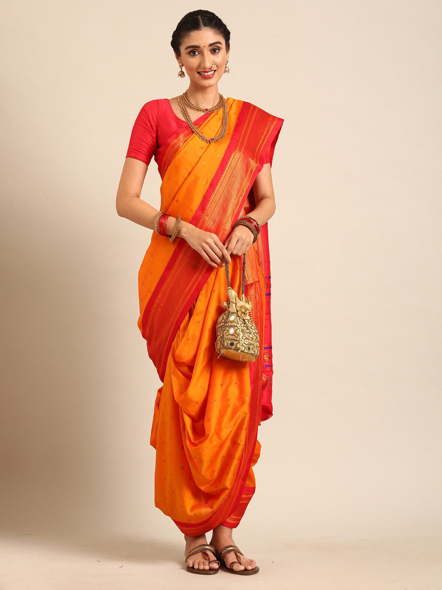 Swamini Mango Orange & Red Soft Silk Maharani Nauvari Paithani Saree