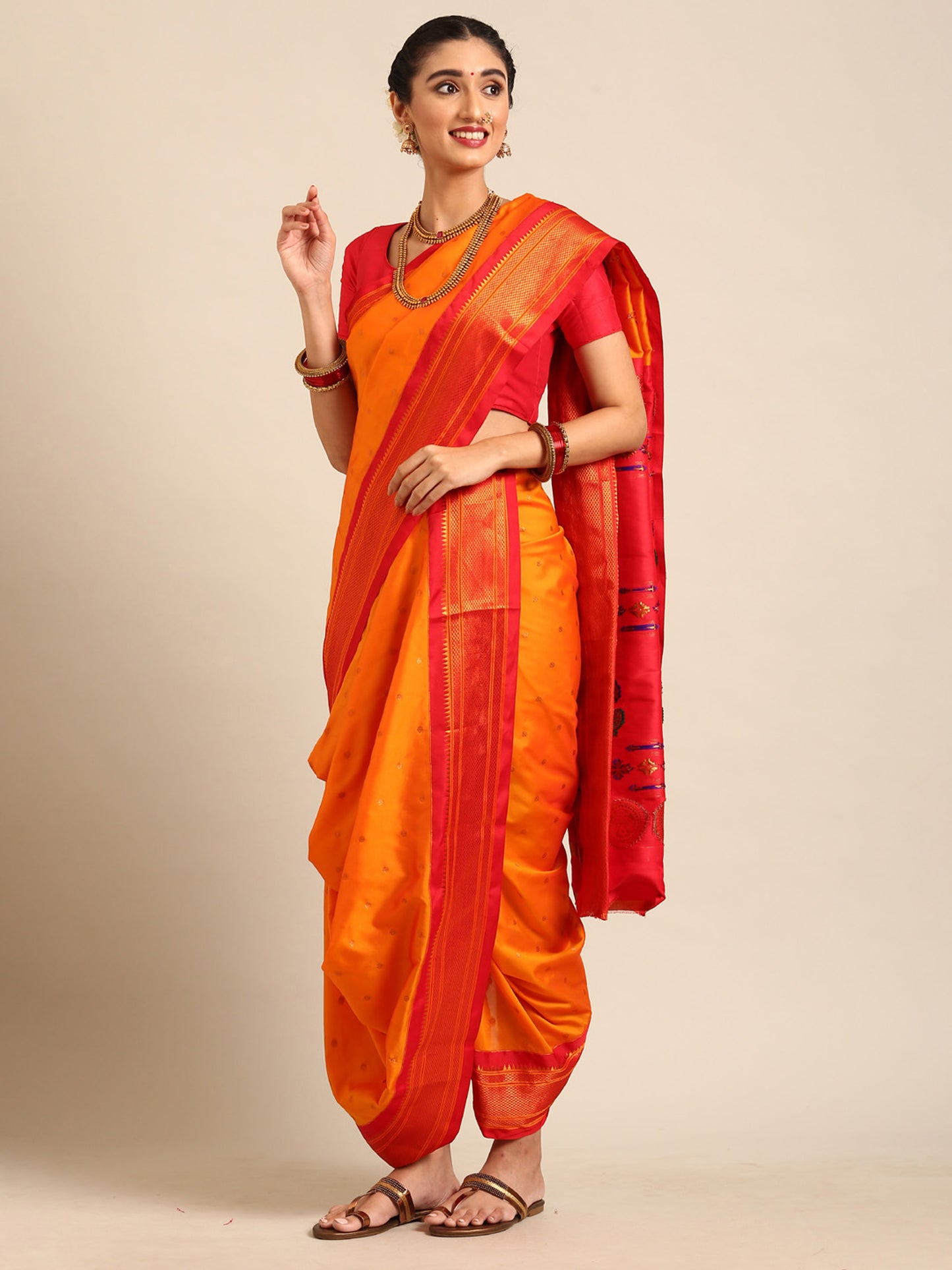 Swamini Mango Orange & Red Soft Silk Maharani Nauvari Paithani Saree