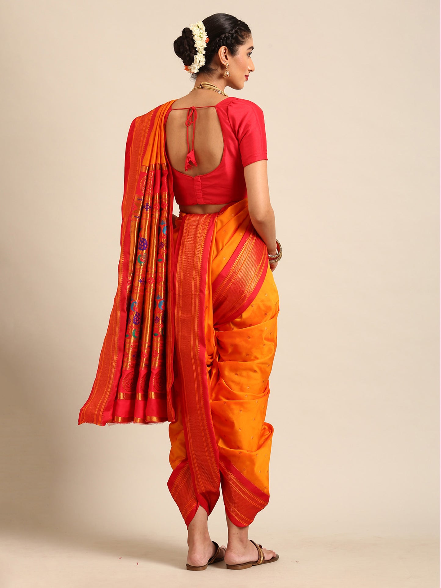Swamini Mango Orange & Red Soft Silk Maharani Nauvari Paithani Saree