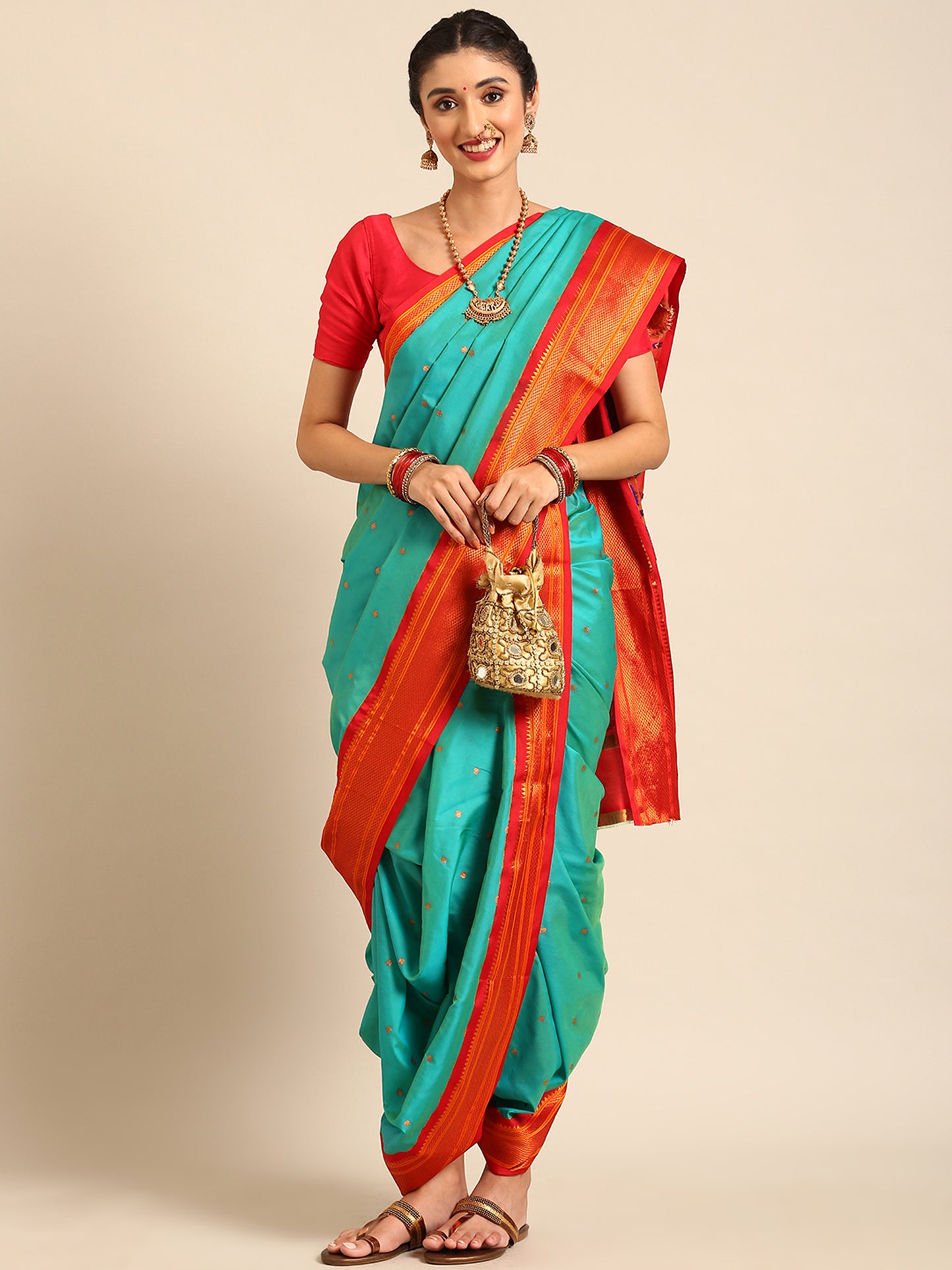 Maharani Nauvari Paithani Saree 9-Yard Silk Blend Traditional Marathi Kashta Saree | Swamini Turquoise Blue & Red