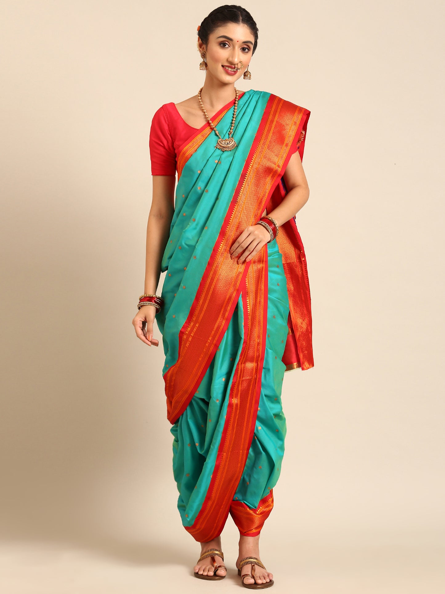 Swamini Chintamani & Red Soft Silk Maharani Nauvari Paithani Saree