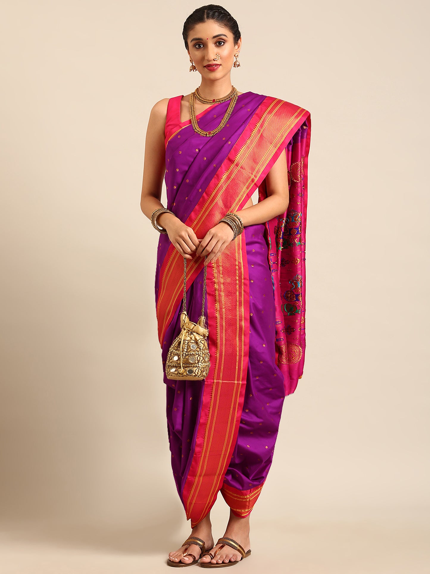 Maharani Nauvari Paithani Saree 9-Yard Silk Blend Traditional Marathi Kashta Saree | Swamini Purple & Pink