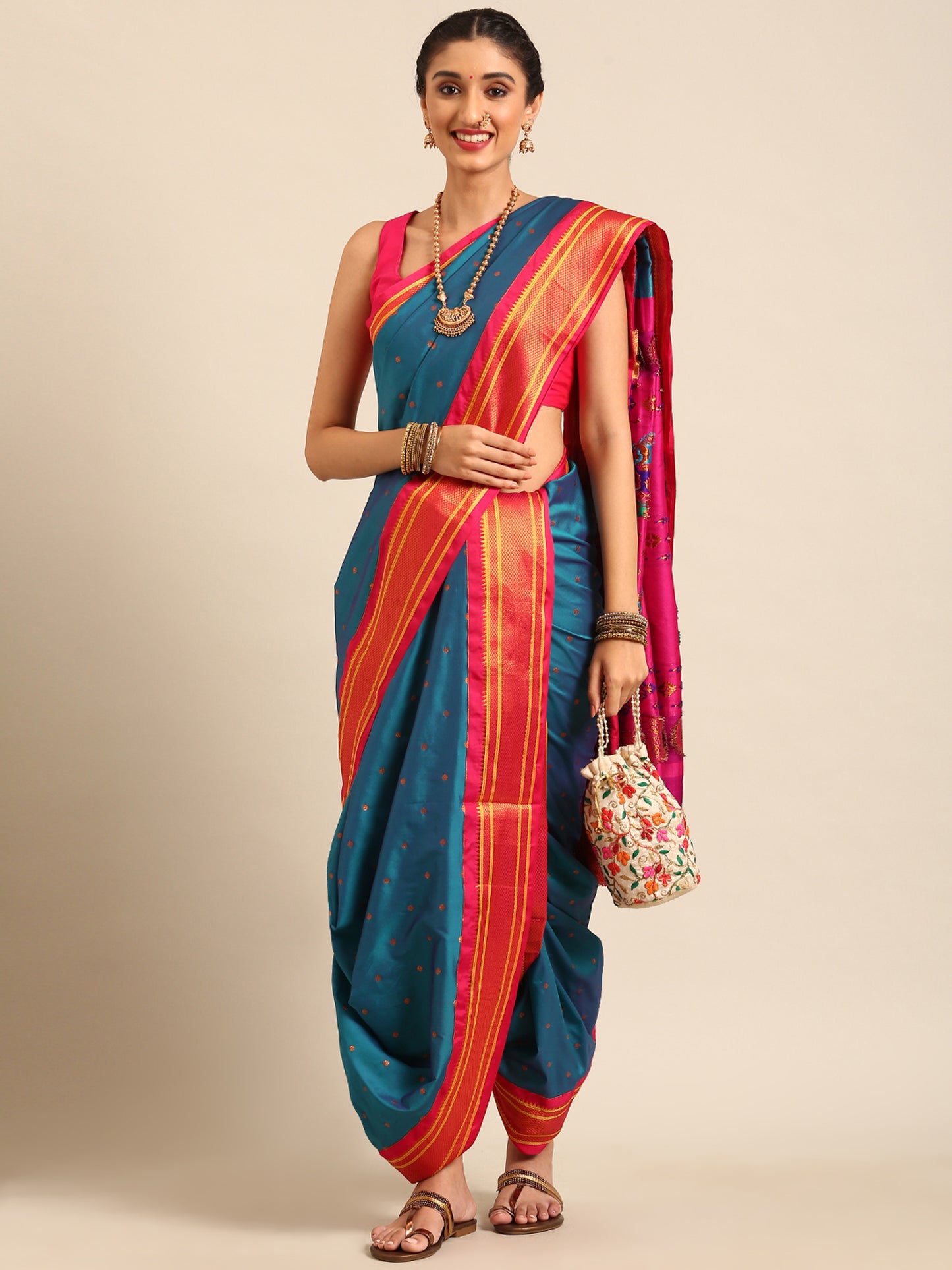 Maharani Nauvari Paithani Saree 9-Yard Silk Blend Traditional Marathi Kashta Saree | Swamini Rama & Pink