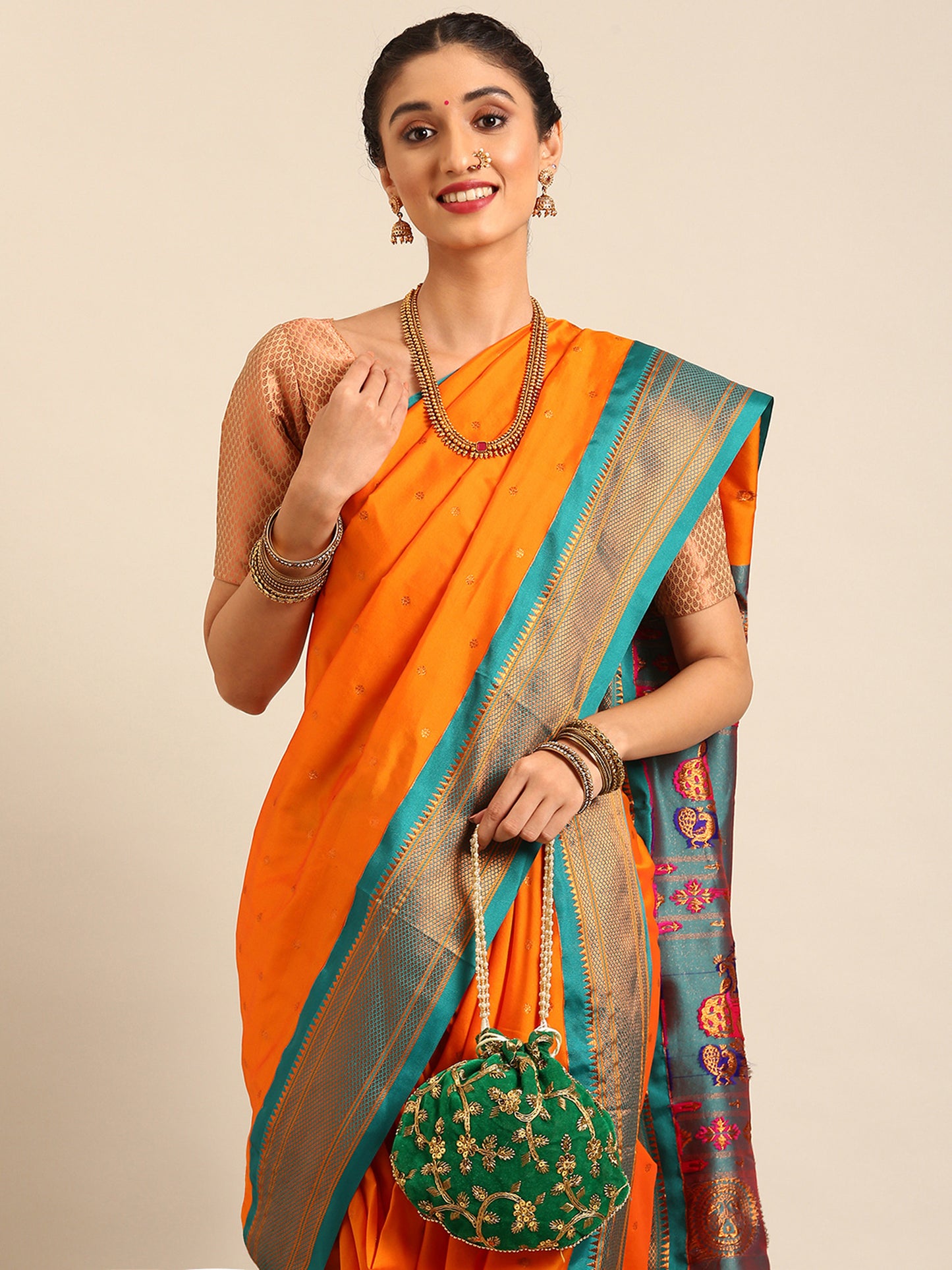 Swamini Orange & Rama Soft Silk Maharani Nauvari Paithani Saree