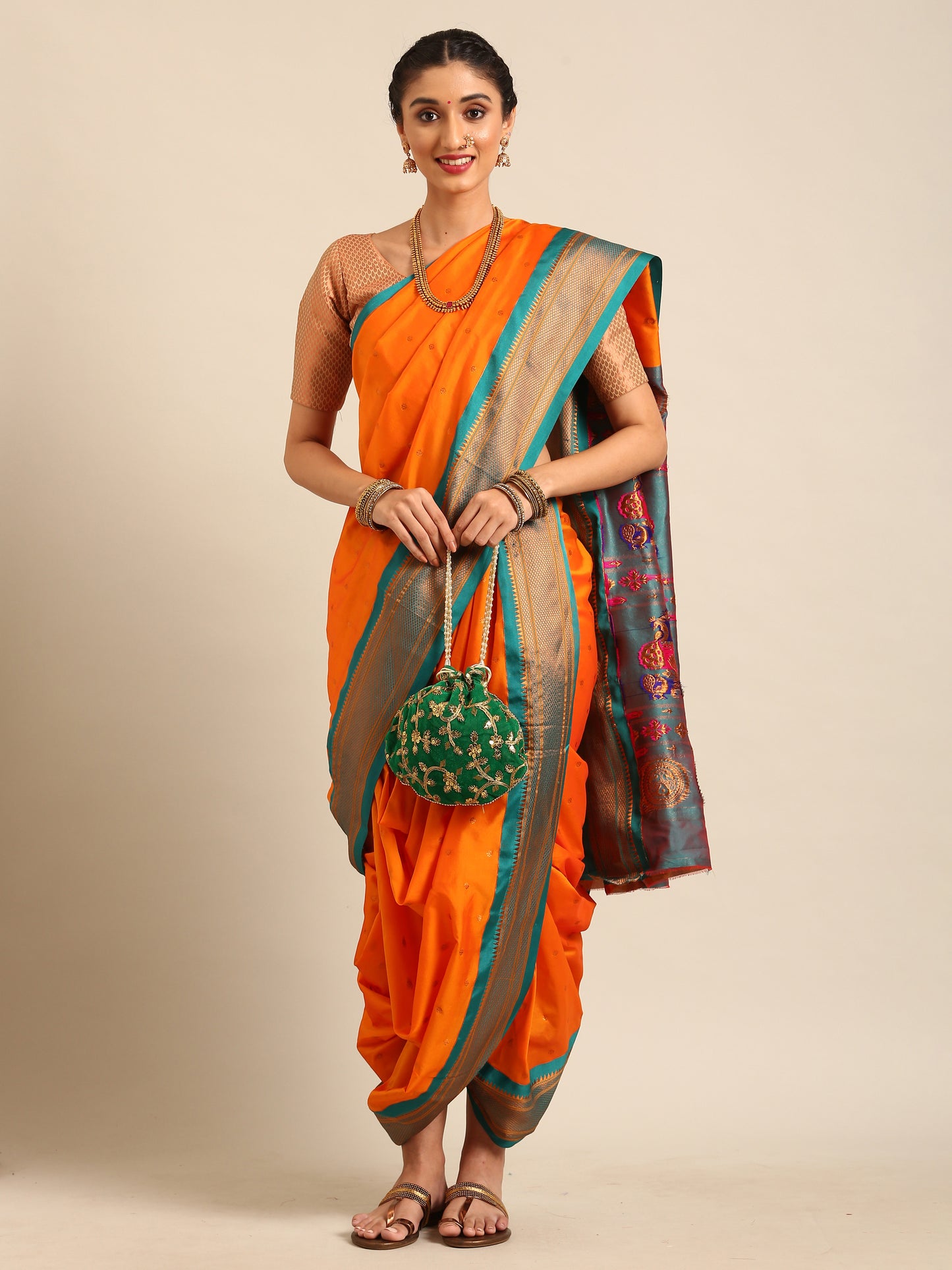 Swamini Orange & Rama Soft Silk Maharani Nauvari Paithani Saree
