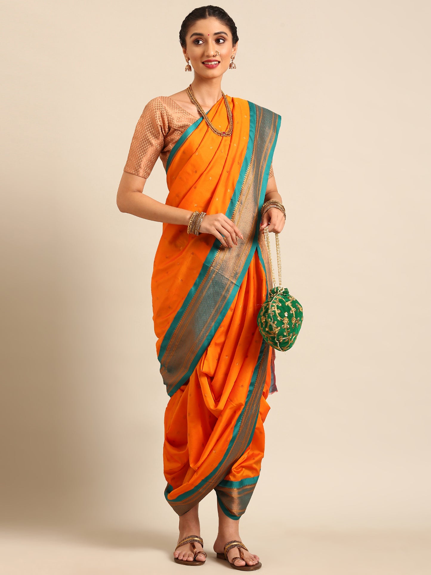 Swamini Orange & Rama Soft Silk Maharani Nauvari Paithani Saree