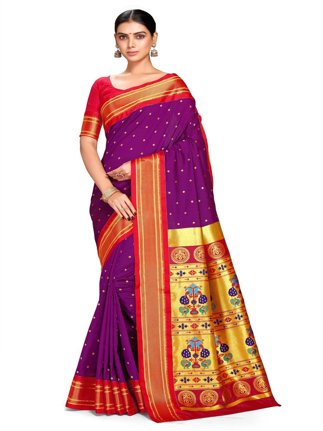 Shridevi Purple: Paithani Soft Silk Kadiyal Maharani Pallu Saree     Varkala Silk Sarees