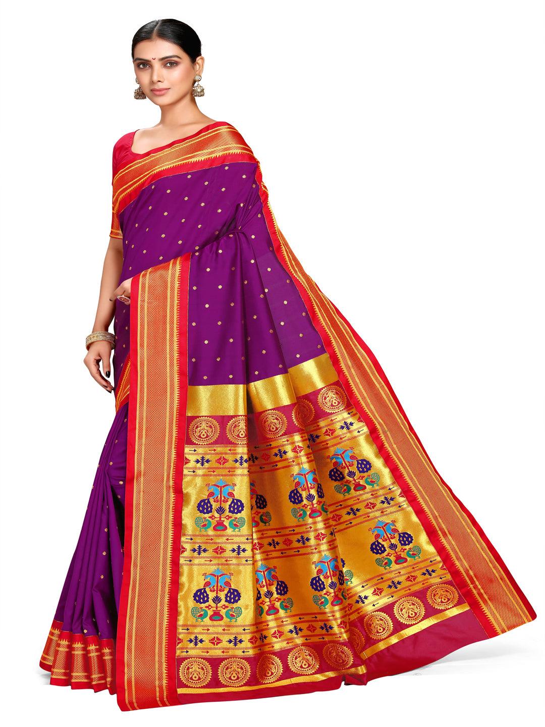 Shridevi Purple: Paithani Soft Silk Kadiyal Maharani Pallu Saree Varkala Silk Sarees