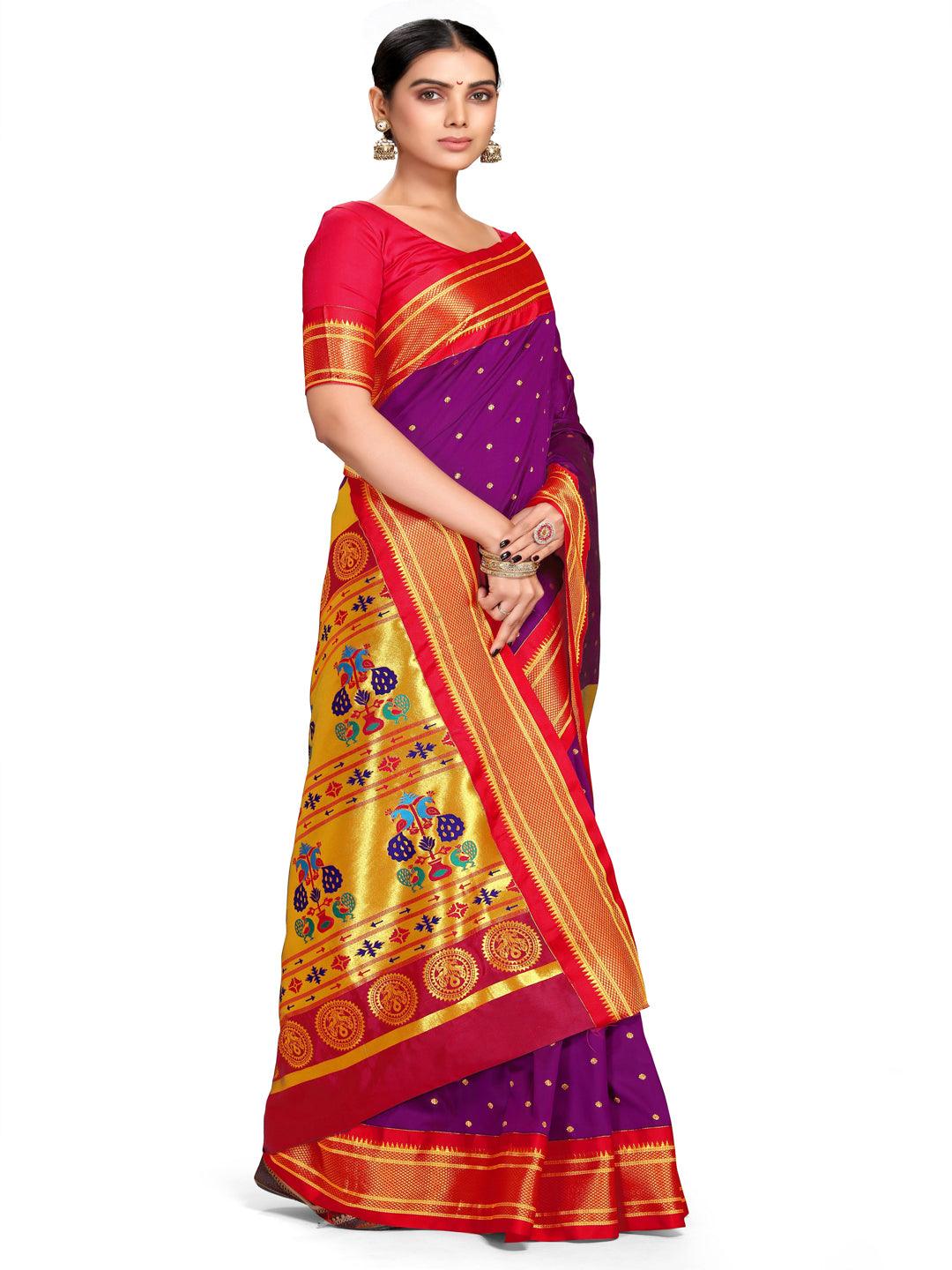 Shridevi Purple: Paithani Soft Silk Kadiyal Maharani Pallu Saree Varkala Silk Sarees