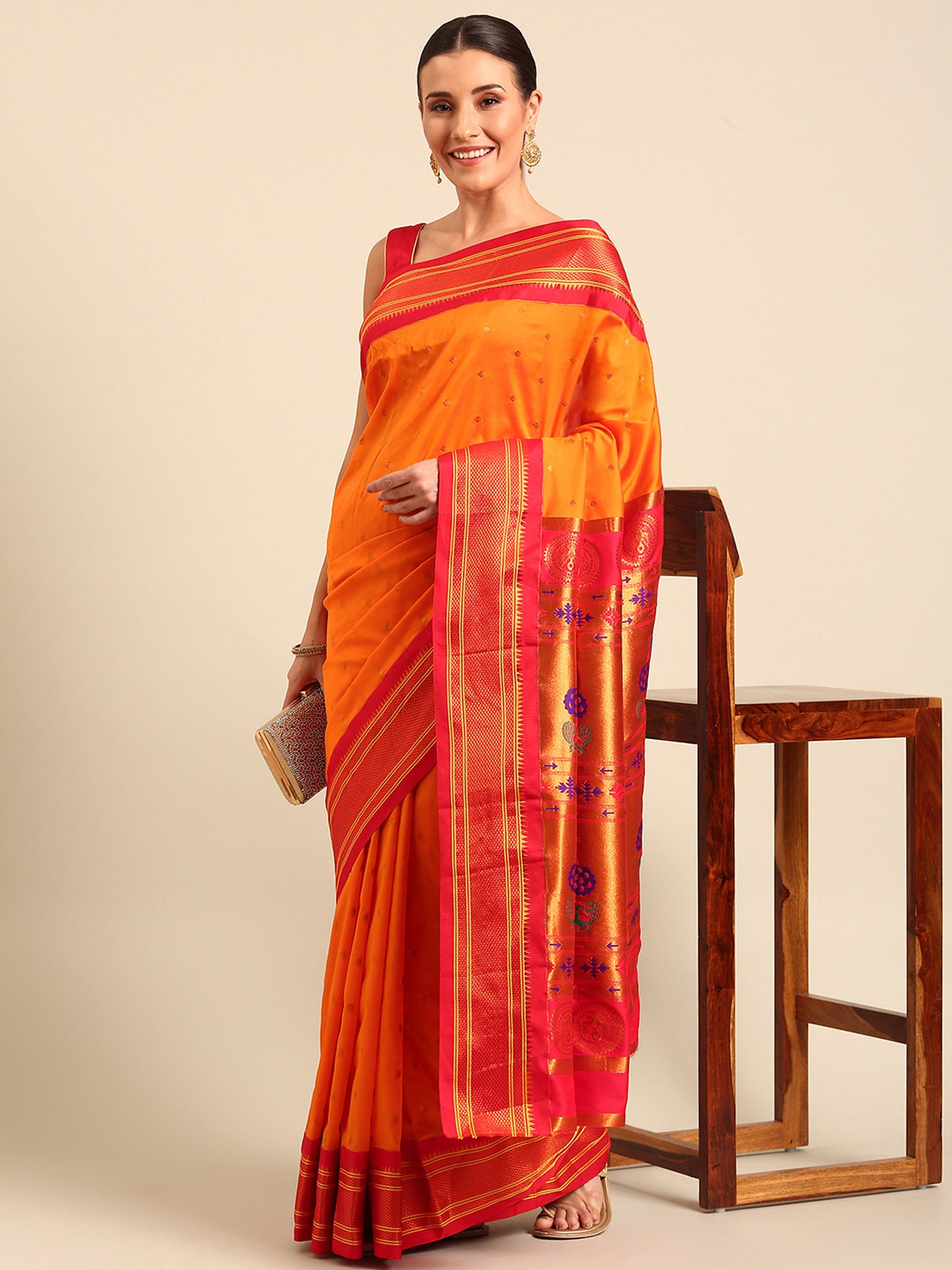 Neha Orange & Red Soft Silk Maharani Paithani Saree