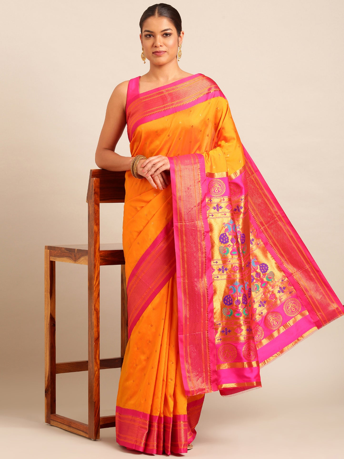 Maharani Paithani Saree Silk Blend with Copper Zari Border and Peacock Pallu, 6 Meter Saree for Wedding, Festivals | Neha Orange & Pink