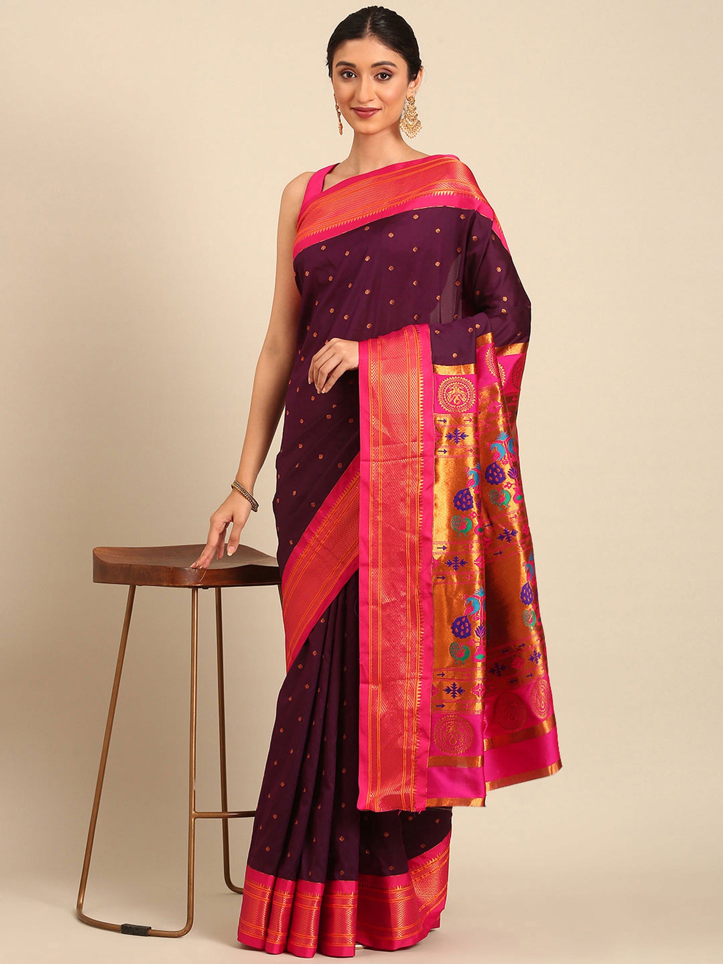 Maharani Paithani Saree Silk Blend with Copper Zari Border and Peacock Pallu, 6 Meter Saree for Wedding, Festivals | Neha Wine & Pink