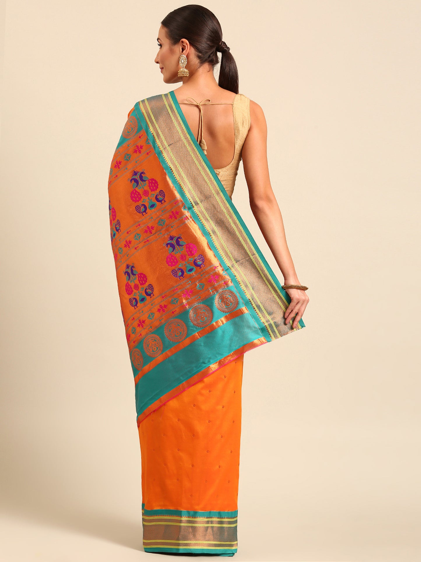 Neha Orange & Rama Soft Silk Maharani Paithani Saree