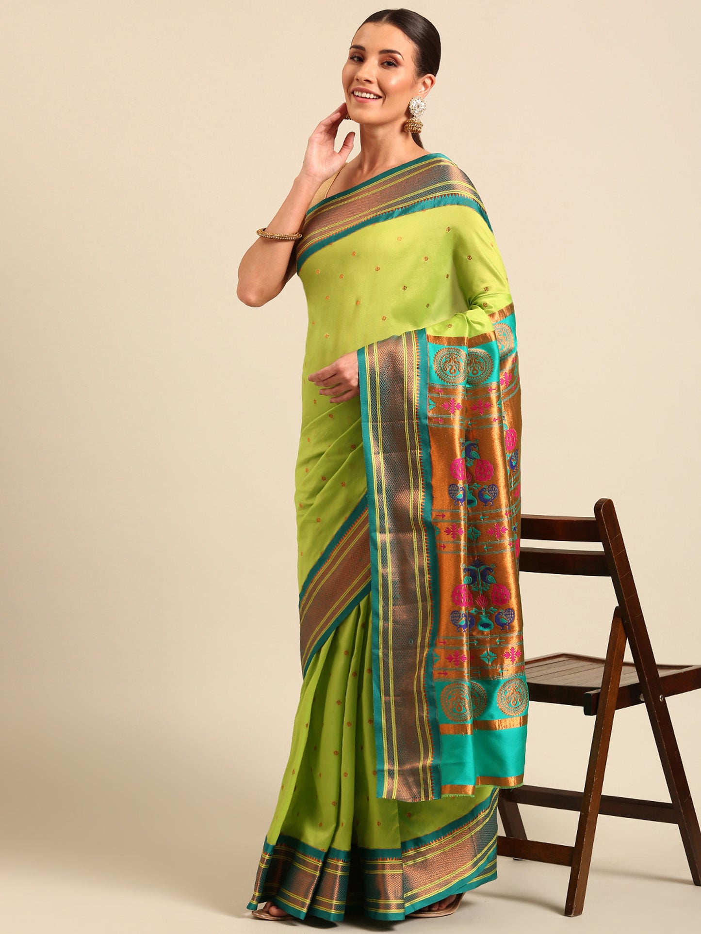 Neha Parrot Green & Rama Soft Silk Maharani Paithani Saree