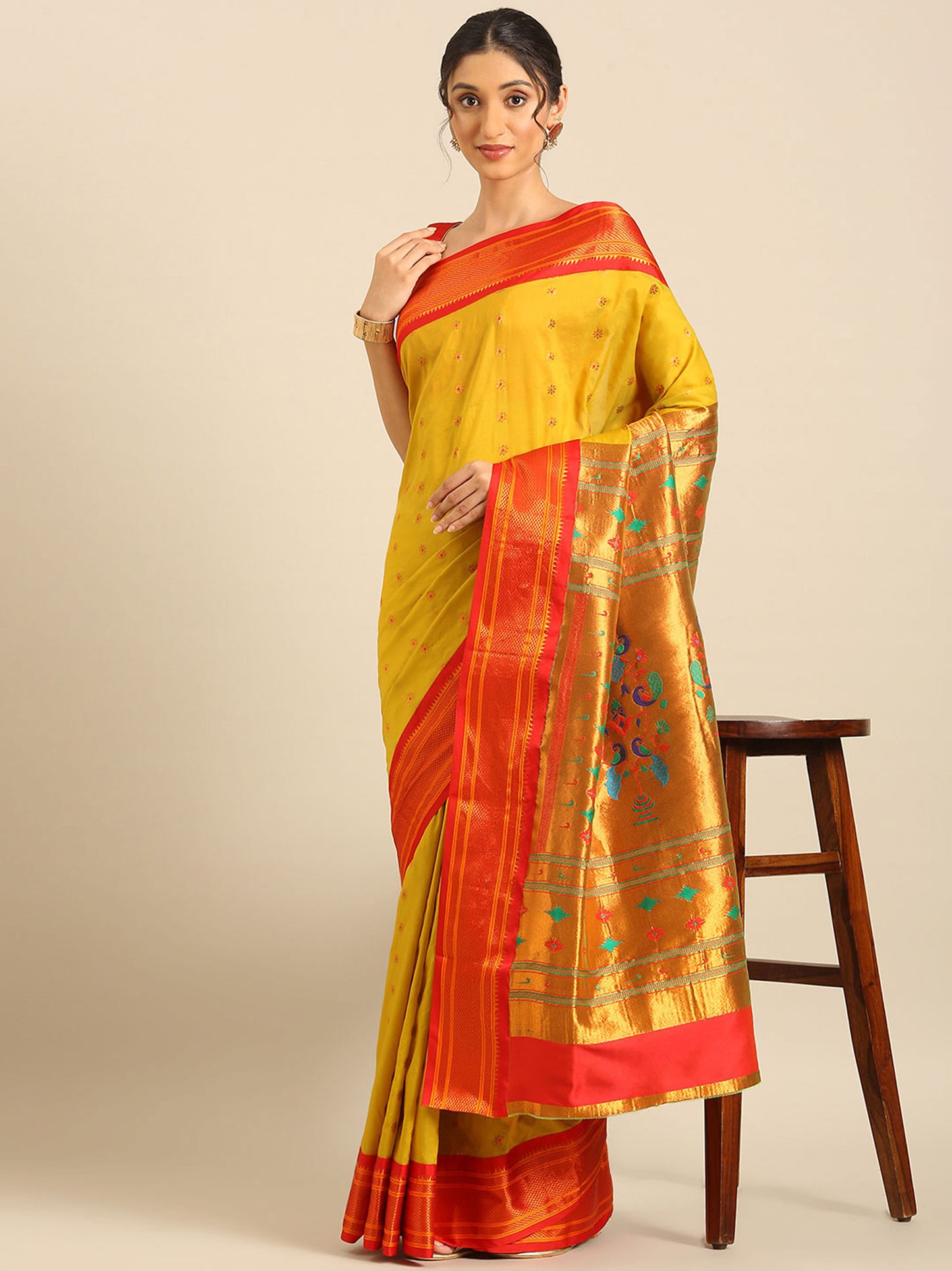 Gopi Mustard & Red Soft Silk Fancy Pallu Paithani Saree