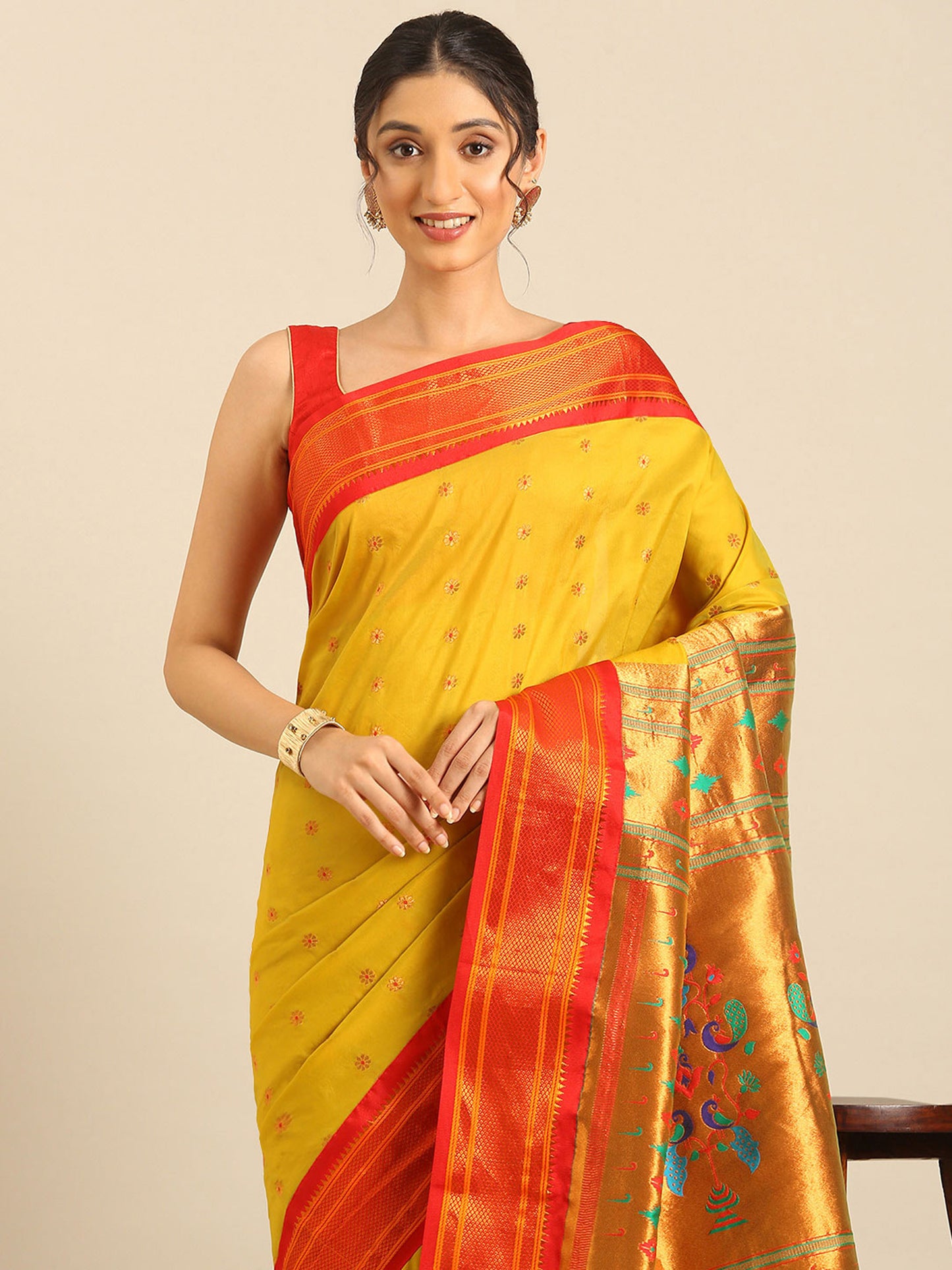 Gopi Mustard & Red Soft Silk Fancy Pallu Paithani Saree
