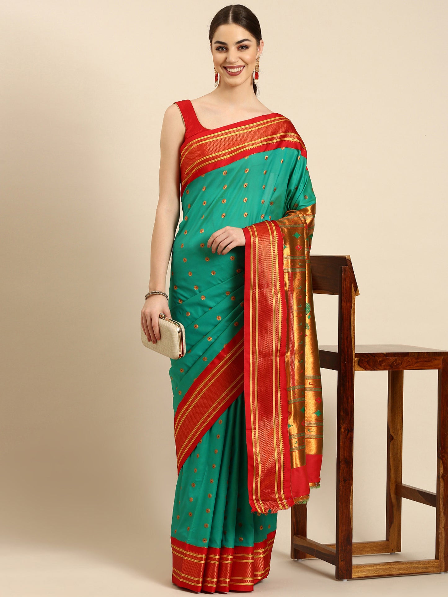 Gopi Sea Green & Red Soft Silk Fancy Pallu Paithani Saree