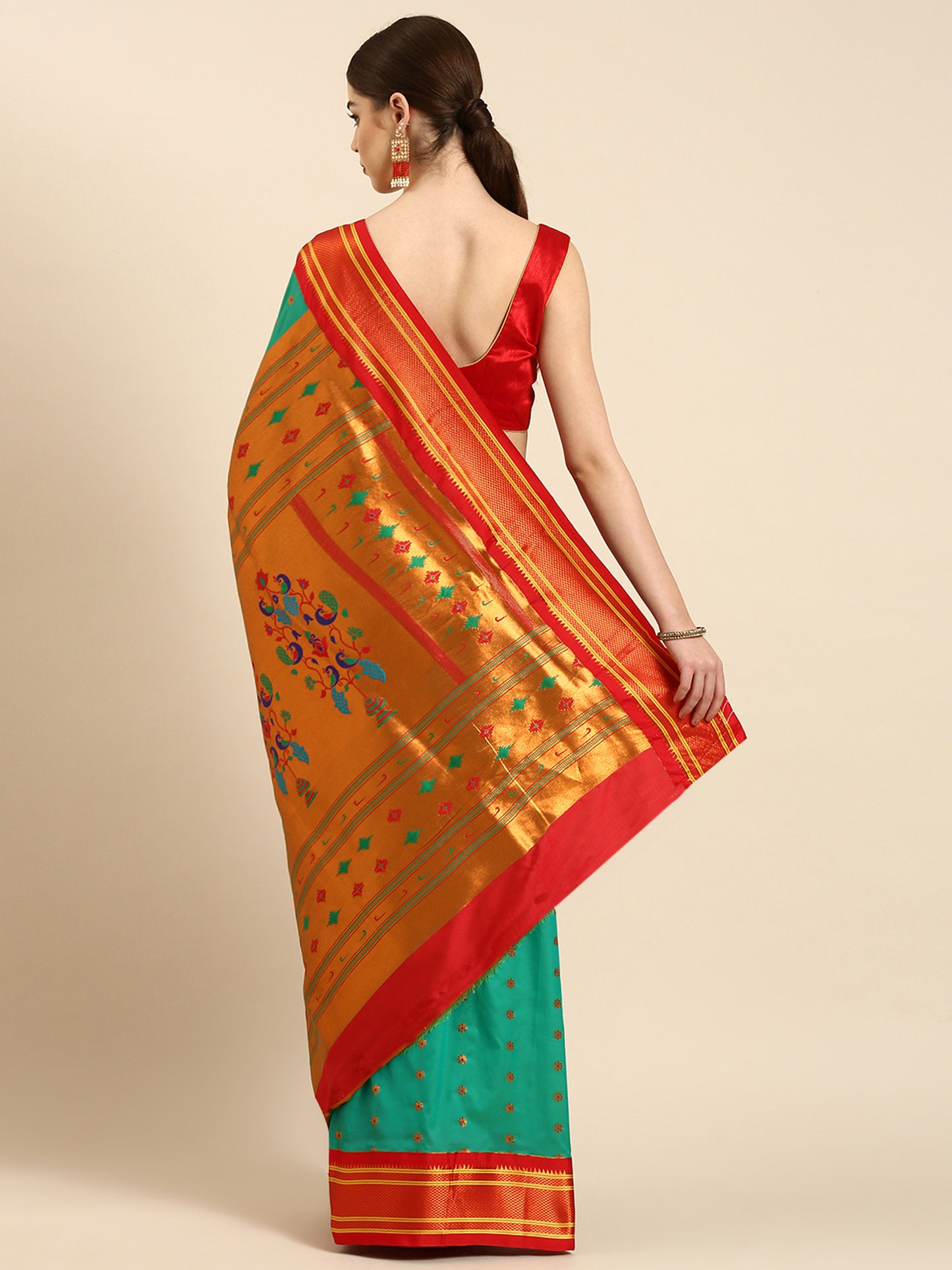 Gopi Sea Green & Red Soft Silk Fancy Pallu Paithani Saree