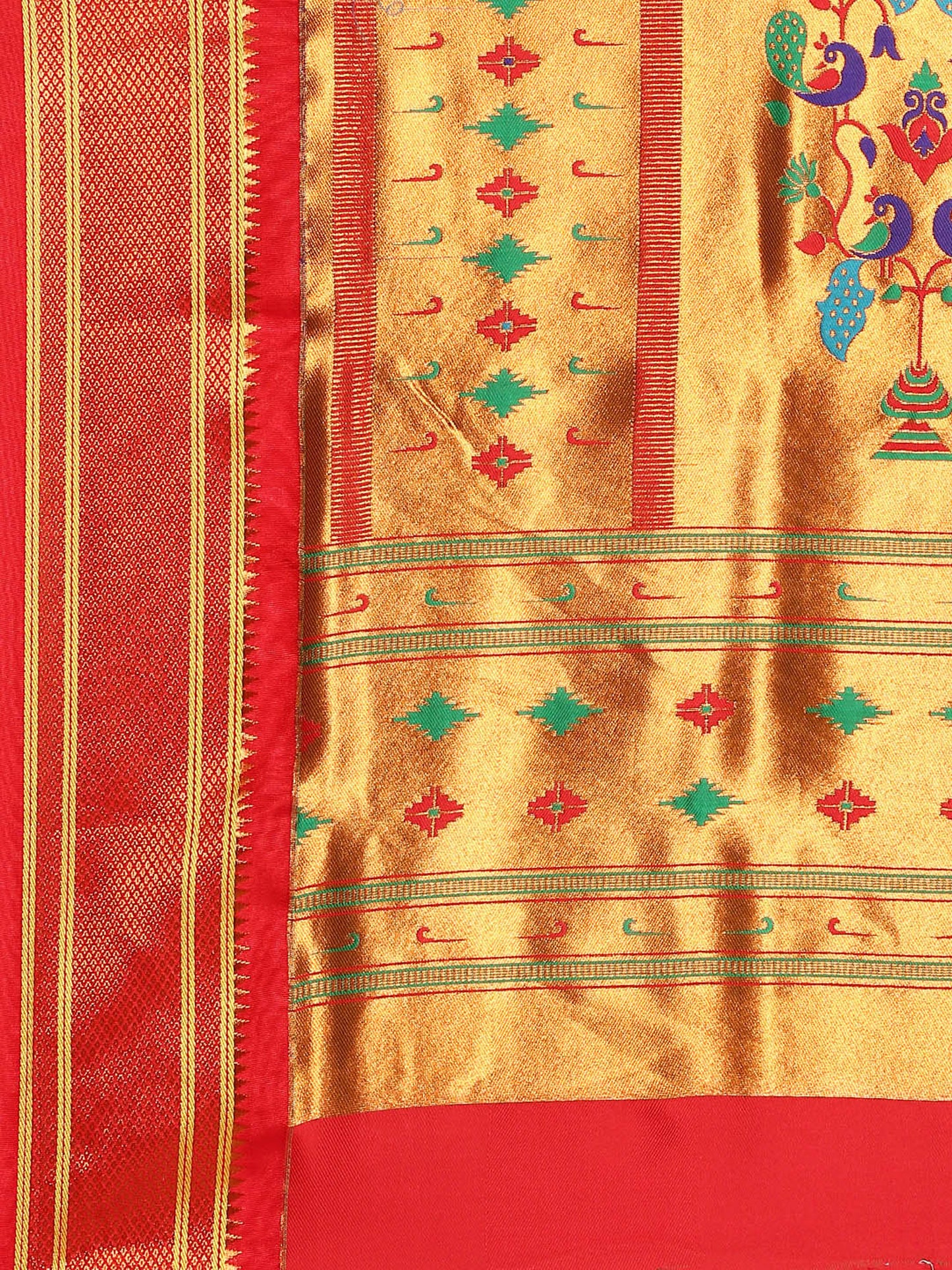 Gopi Sea Green & Red Soft Silk Fancy Pallu Paithani Saree
