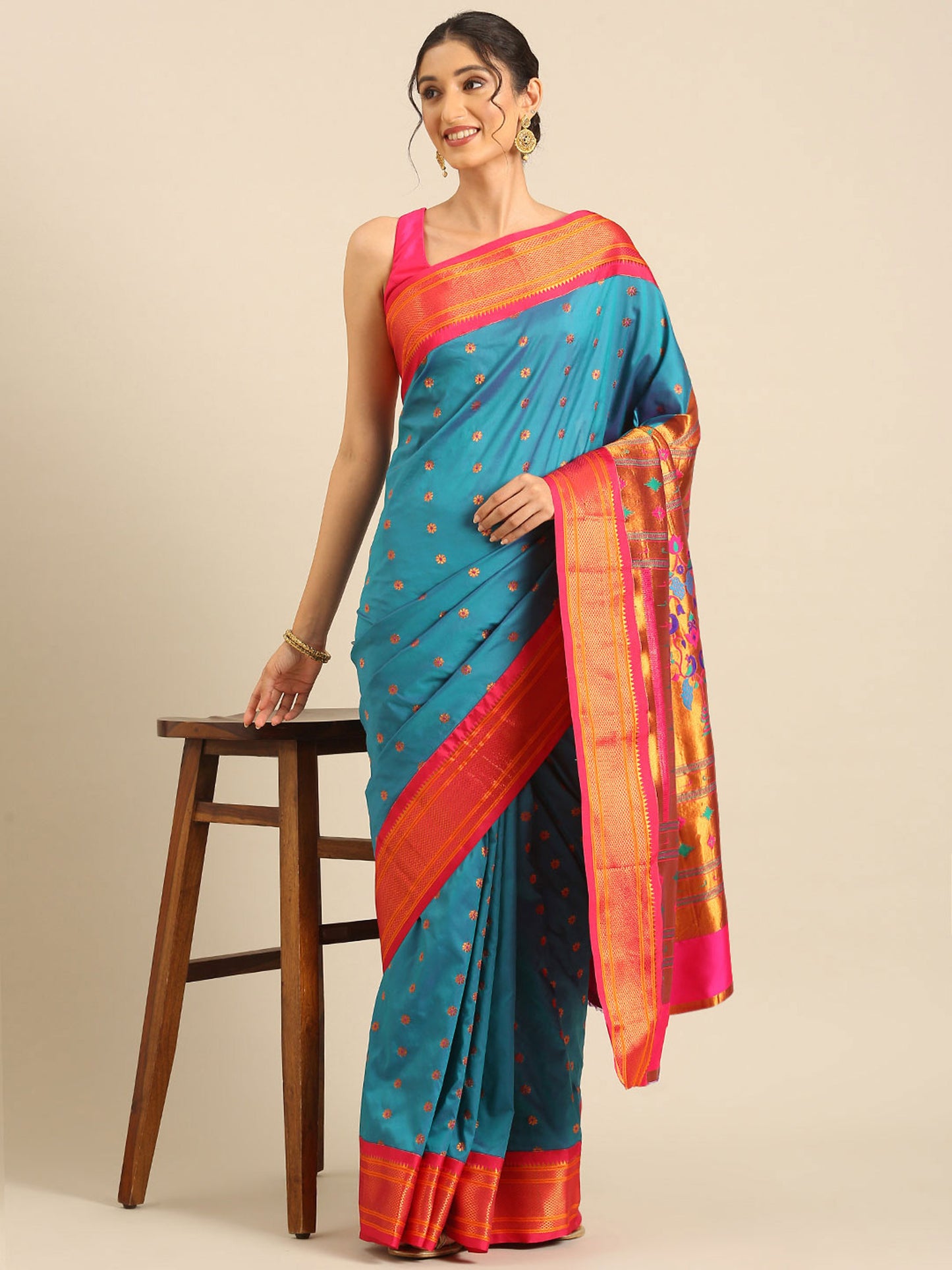 Muniya Paithani Saree Silk Blend with Zari Border and Peacock Pallu, Bridal, Festive ready, 5.5 Meter | Gopi Rama & Pink