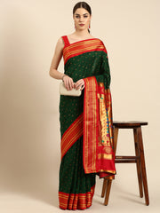 Rashmika Bottle Green & Red Soft Silk Double Pallu Paithani Saree