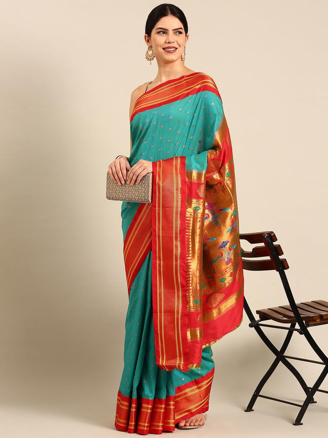 Rashmika Chintamani Blue & Red Soft Silk Double Pallu Paithani Saree     Varkala Silk Sarees