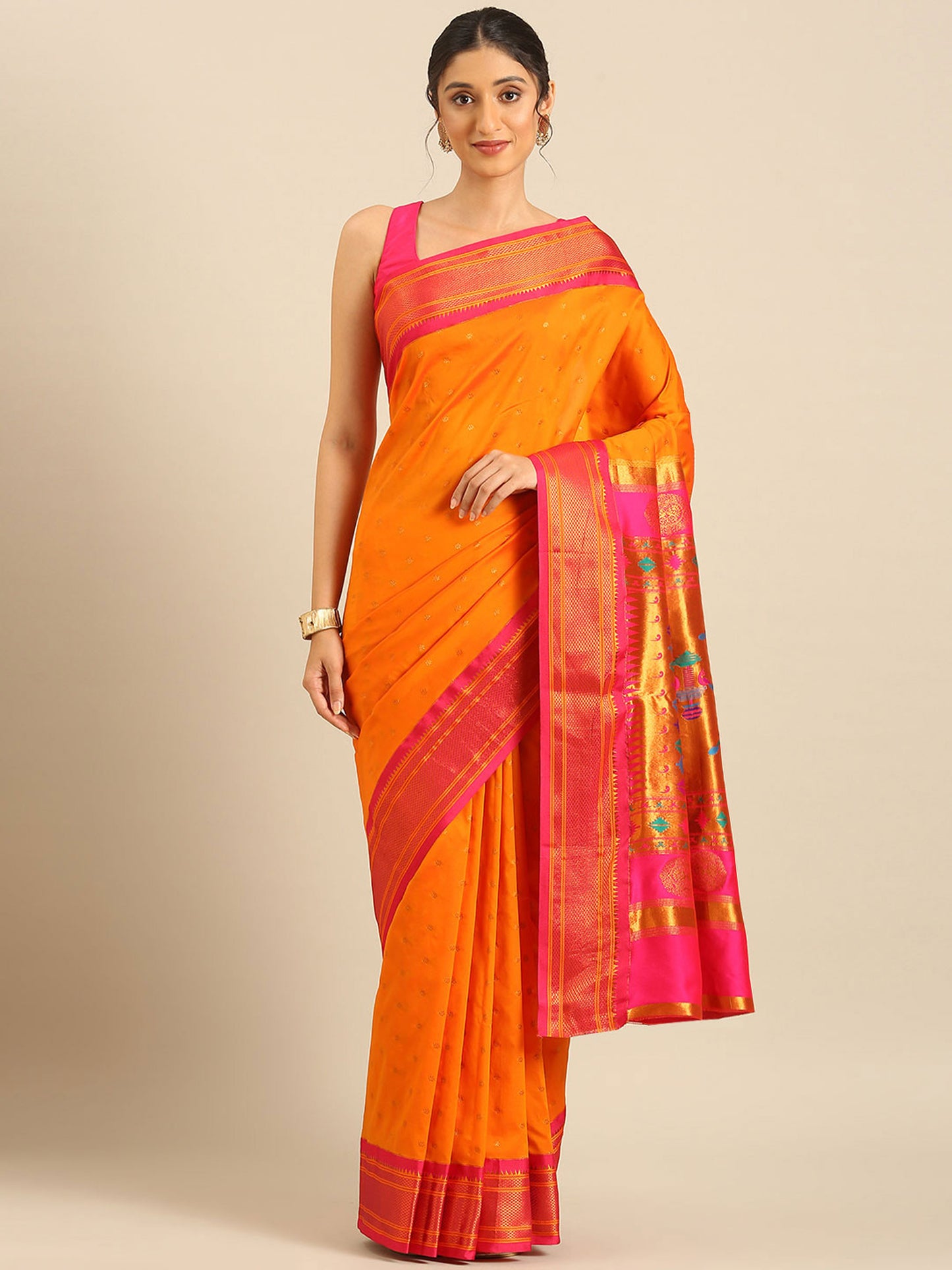 Rashmika Orange & Pink Soft Silk Double Pallu Paithani Saree