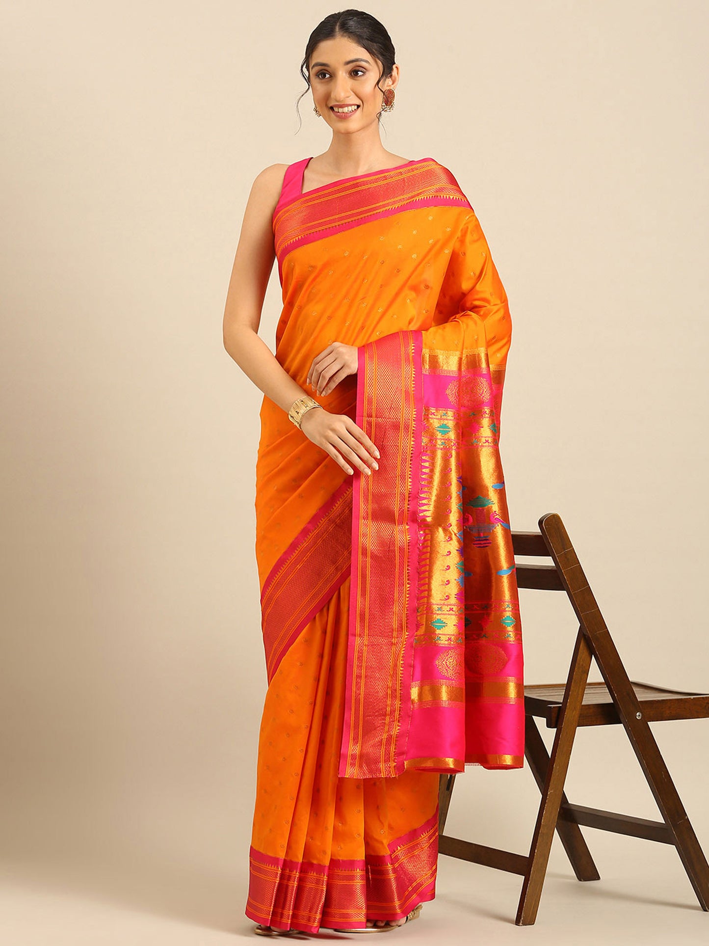 Rashmika Orange & Pink Soft Silk Double Pallu Paithani Saree