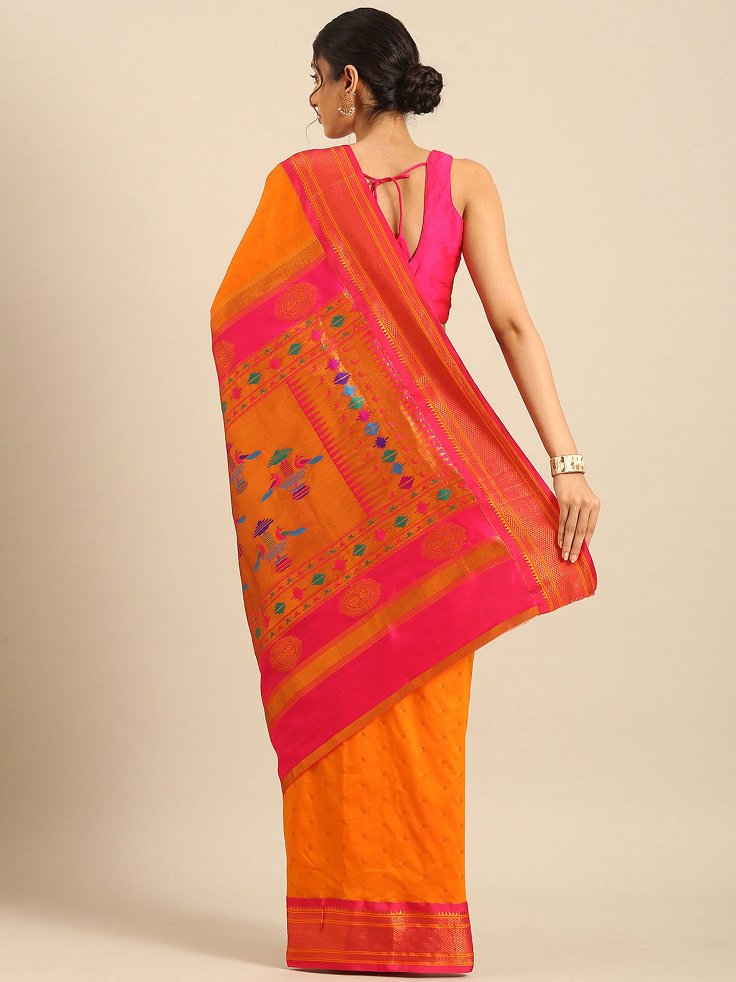 Rashmika Orange & Pink Soft Silk Double Pallu Paithani Saree