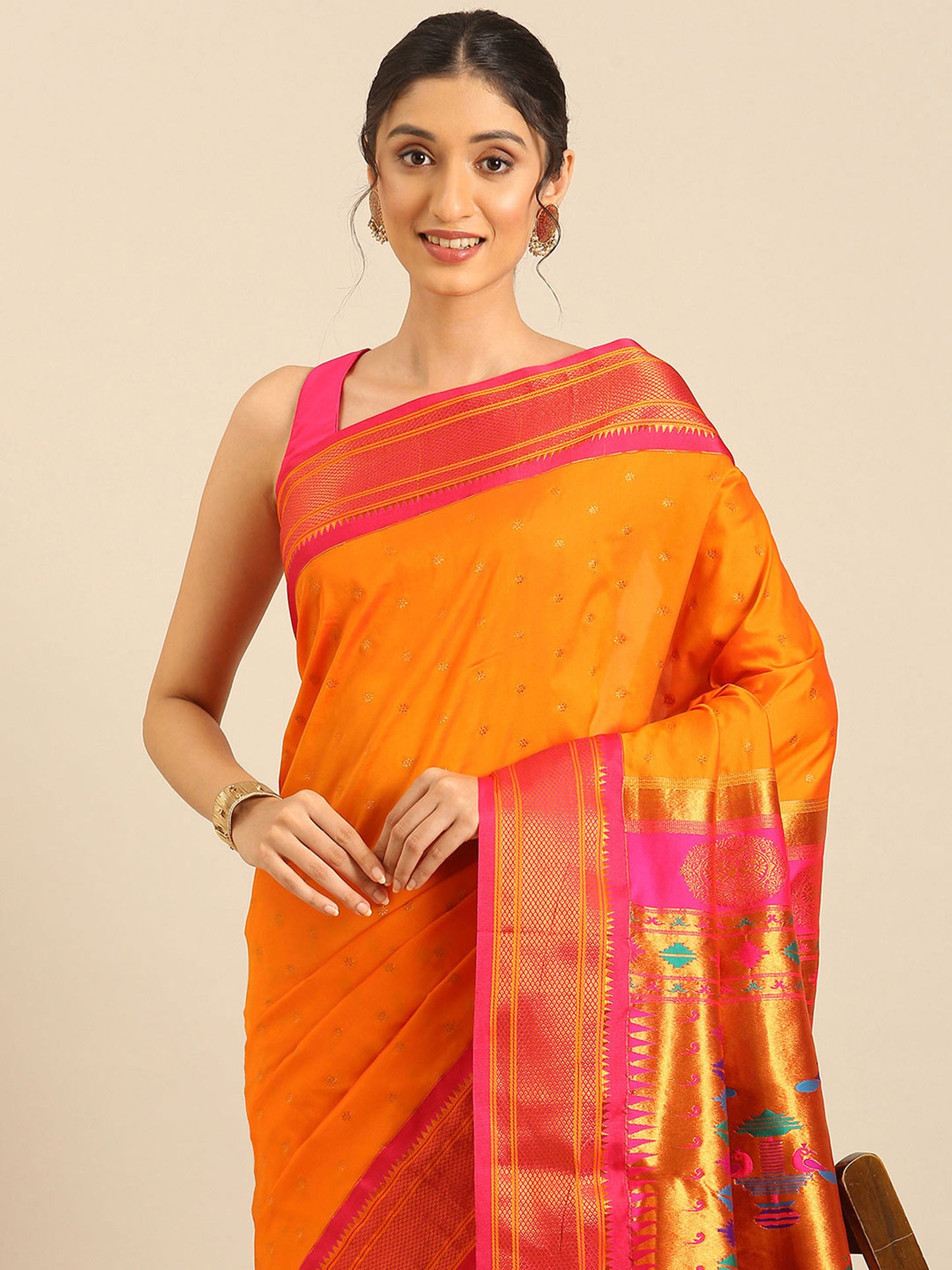 Rashmika Orange & Pink Soft Silk Double Pallu Paithani Saree