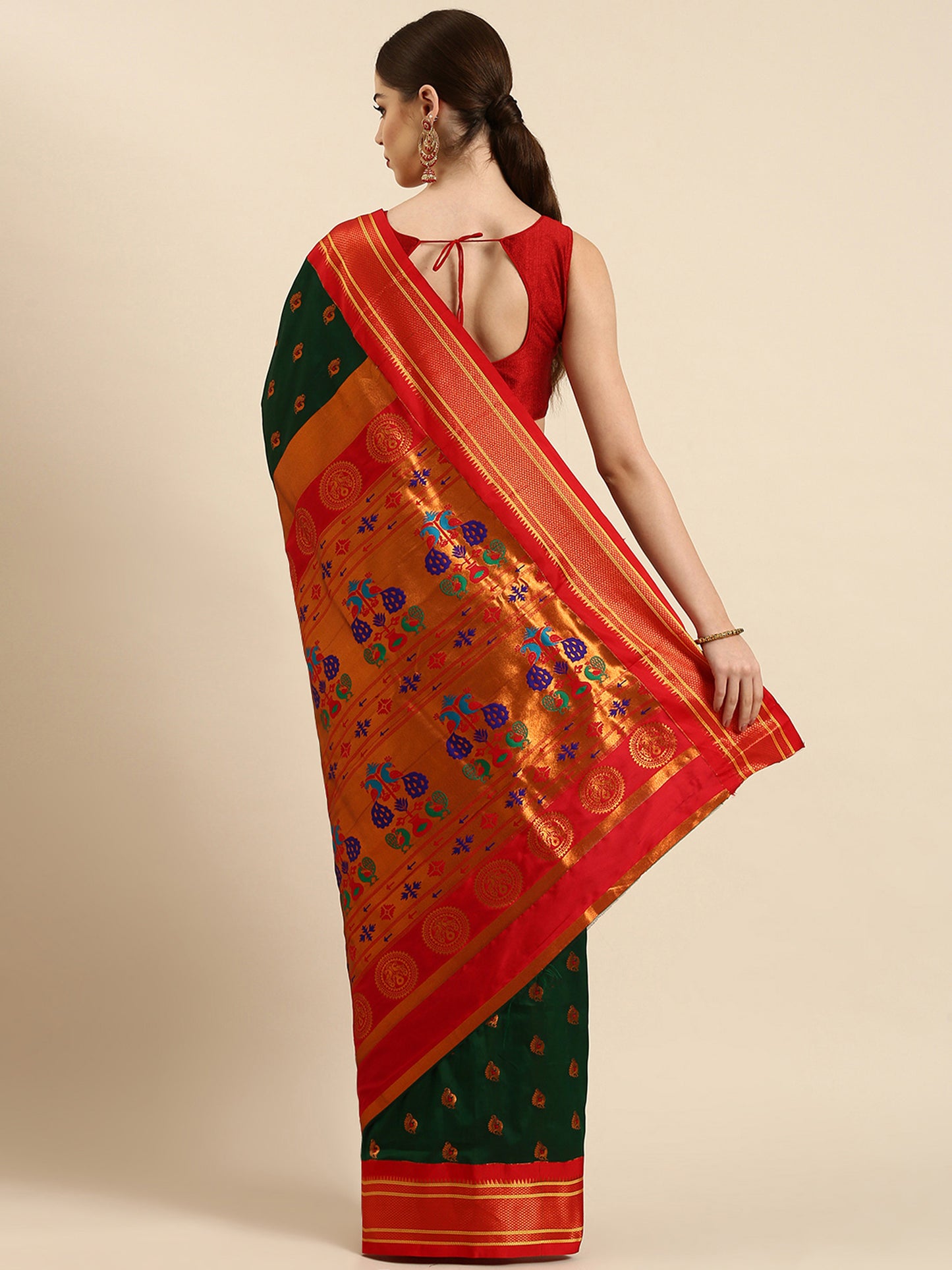 Usha Bottle Green & Red Soft Silk Maharani Paithani Saree
