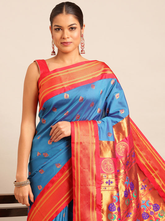 Usha Firozi & Red Soft Silk Maharani Paithani Saree