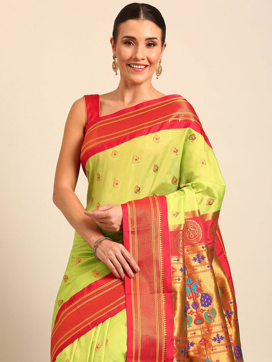 Usha Parrot Green & Red Soft Silk Maharani Paithani Saree     Varkala Silk Sarees