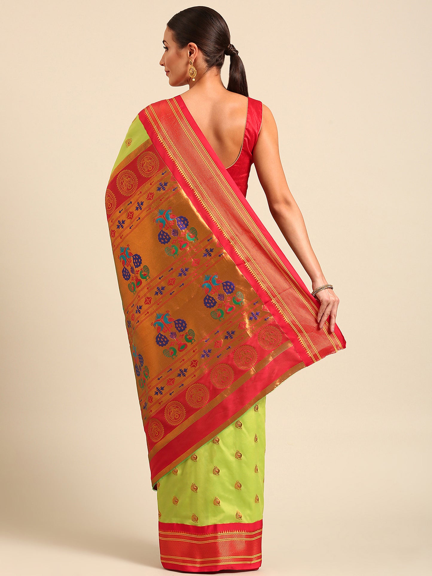 Usha Parrot Green & Red Soft Silk Maharani Paithani Saree