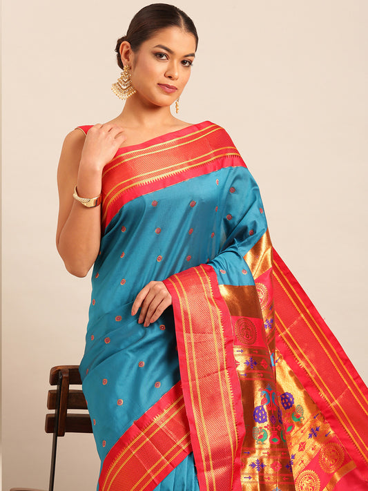 Diksha Firozi & Red Soft Silk Maharani Paithani Saree