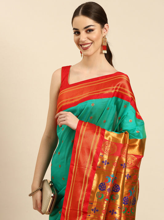 Diksha Sea Green & Red Soft Silk Maharani Paithani Saree
