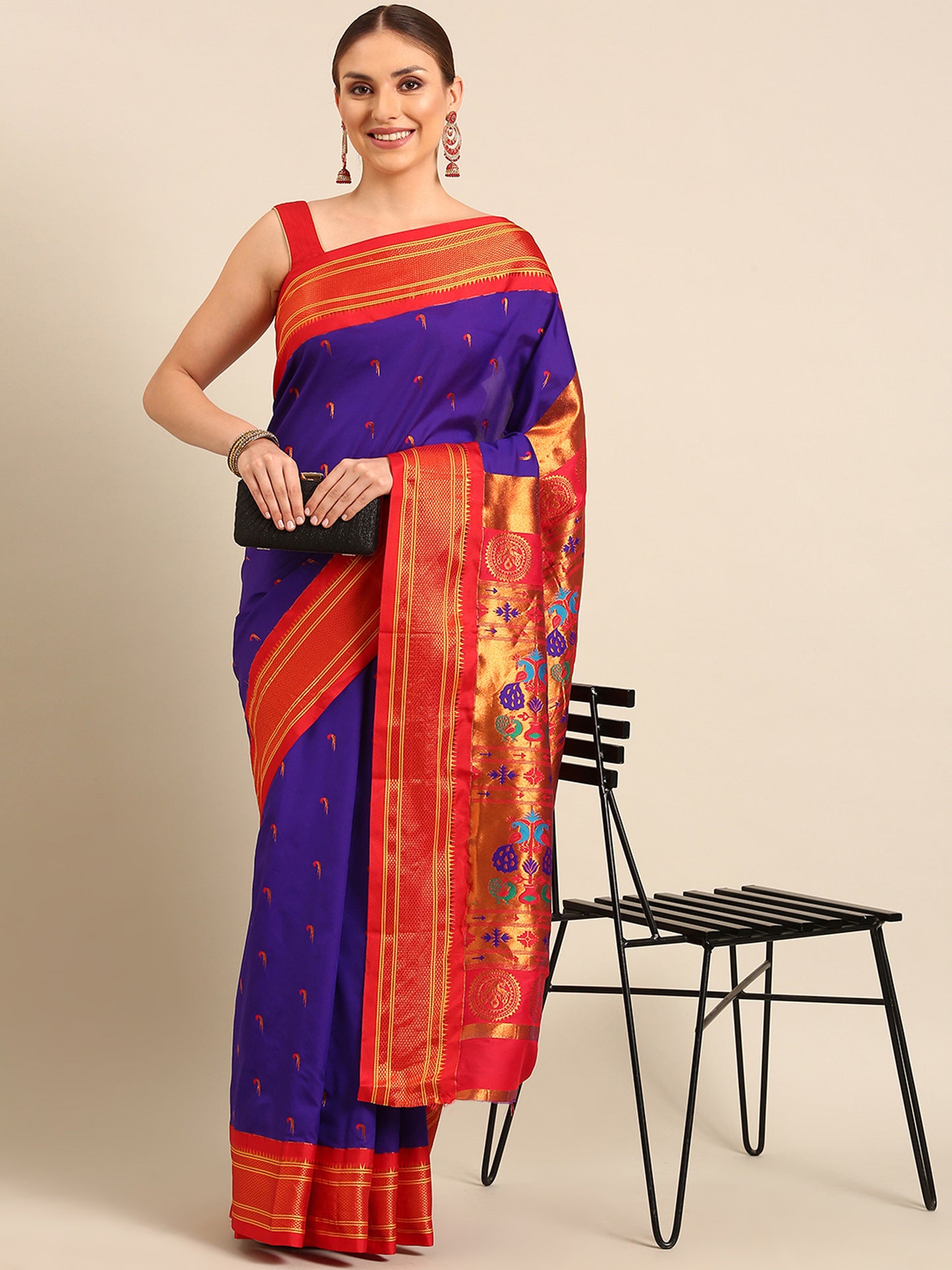 Amruta Indigo Blue & Red Soft Silk Muniya Paithani Saree