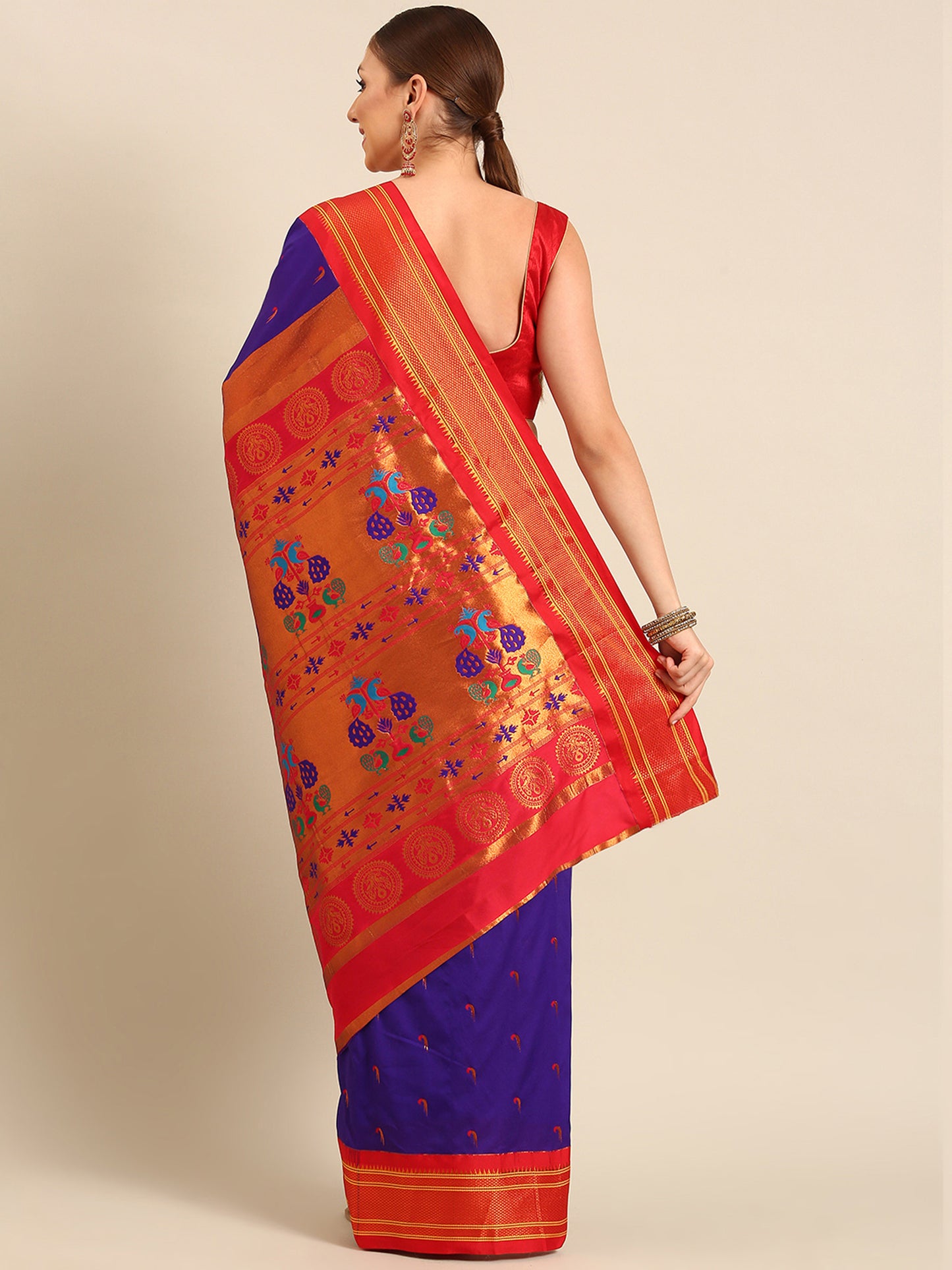 Amruta Indigo Blue & Red Soft Silk Muniya Paithani Saree