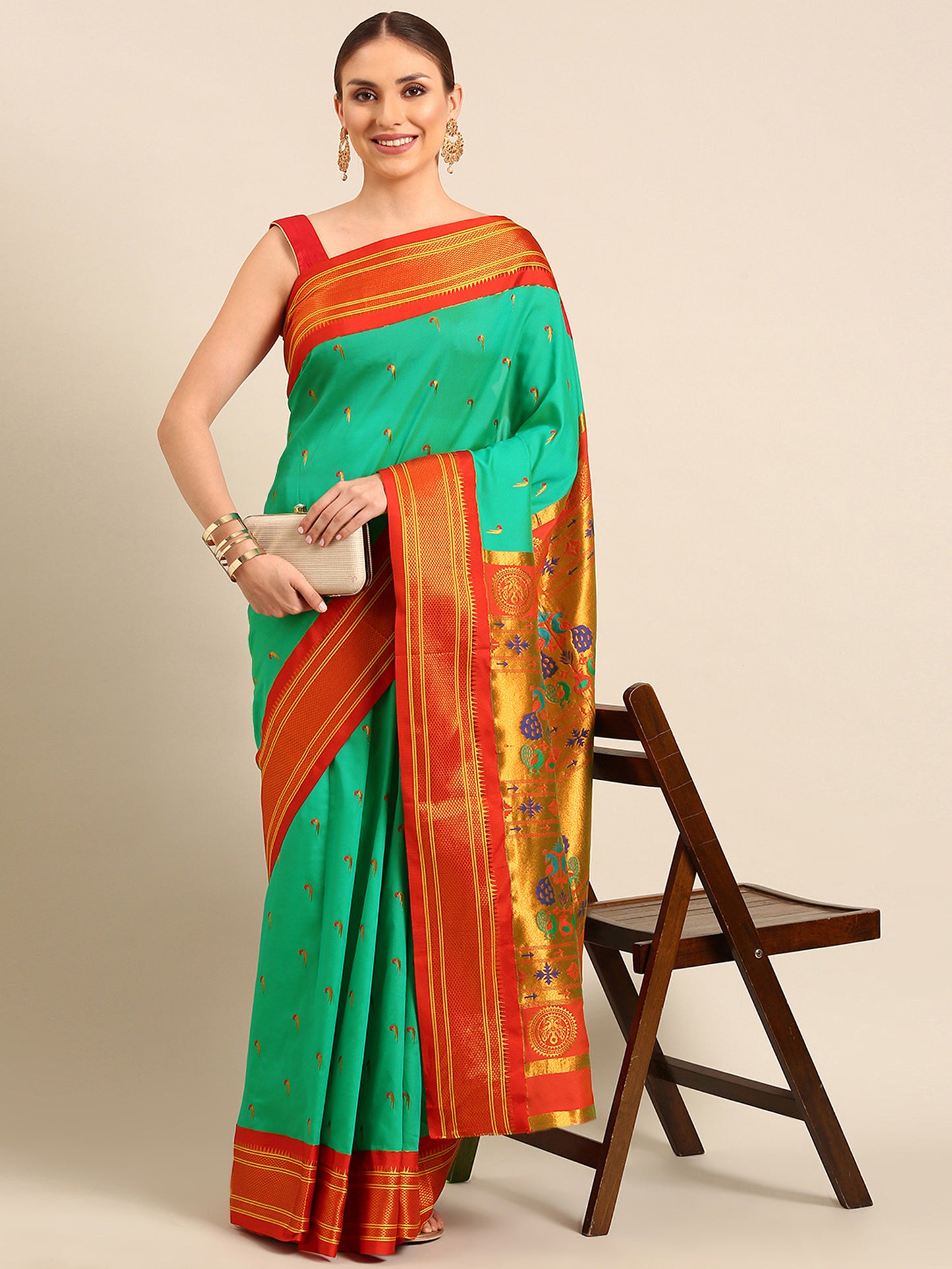 Amruta Sea Green & Red Soft Silk Muniya Paithani Saree