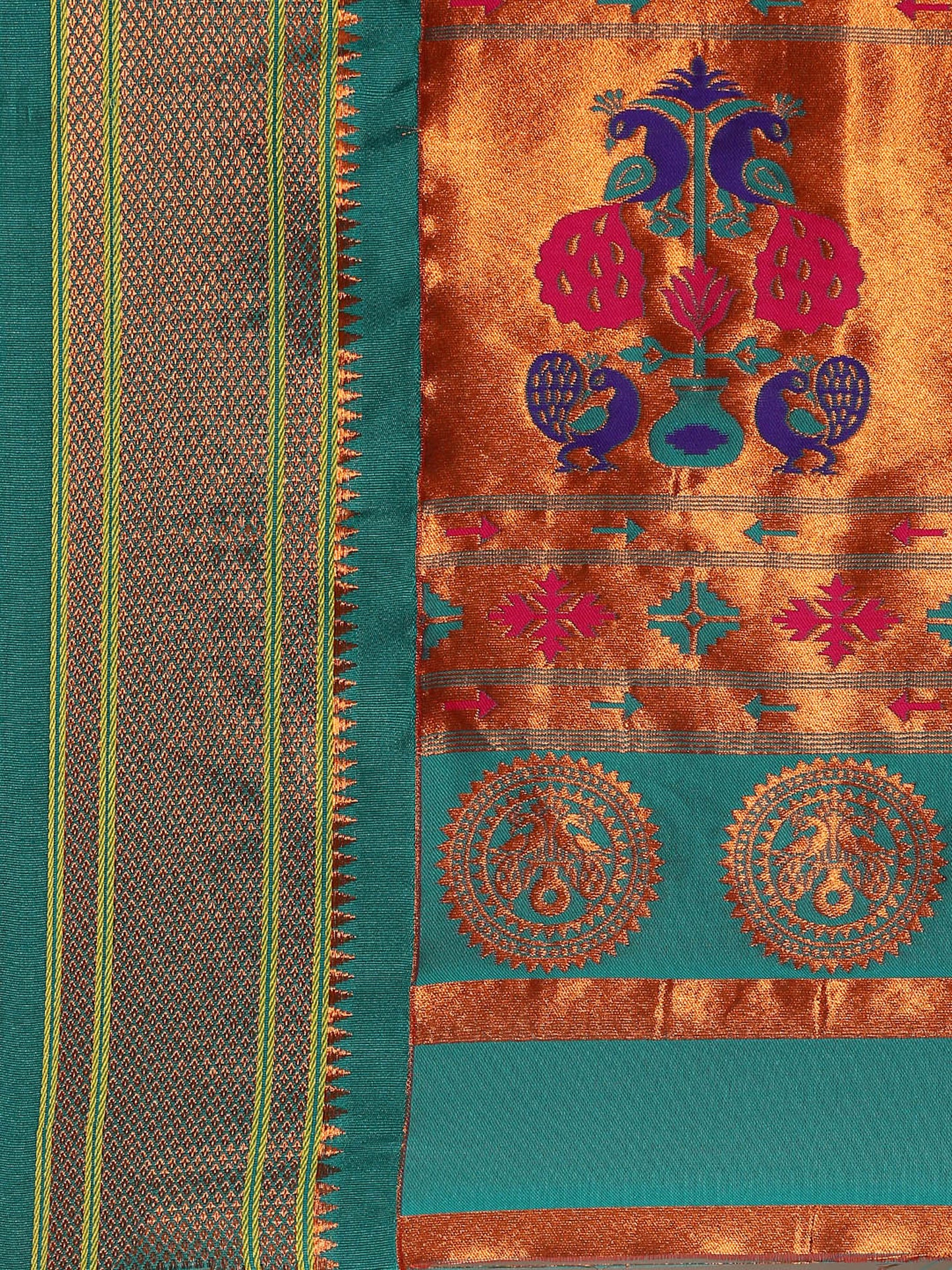 Amruta Mango Orange & Rama Soft Silk Muniya Paithani Saree