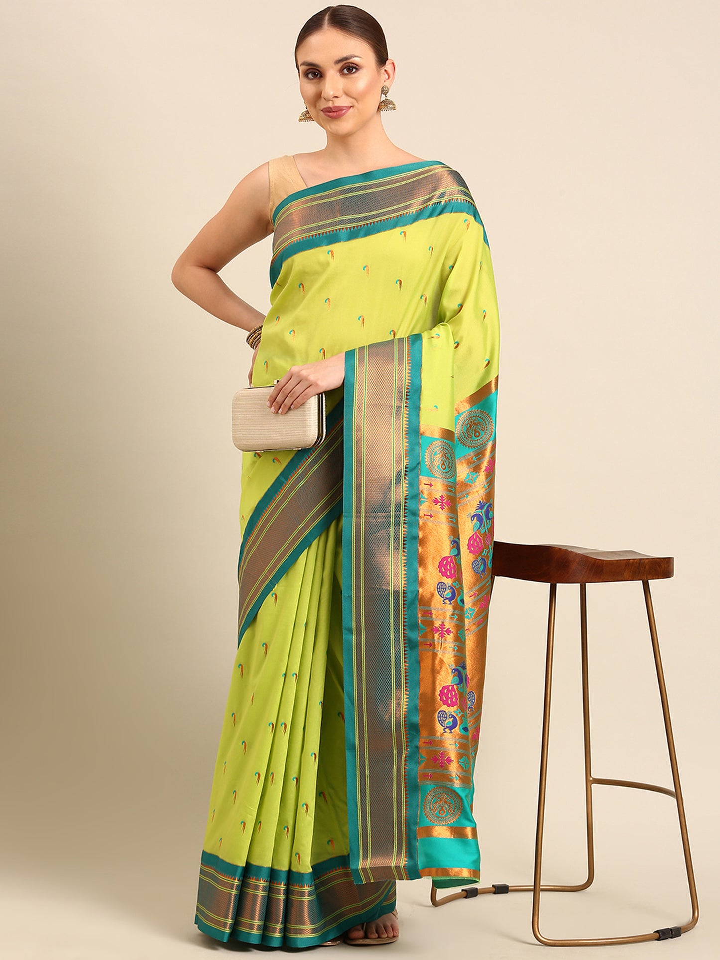 Amruta Parrot Green & Rama Soft Silk Muniya Paithani Saree