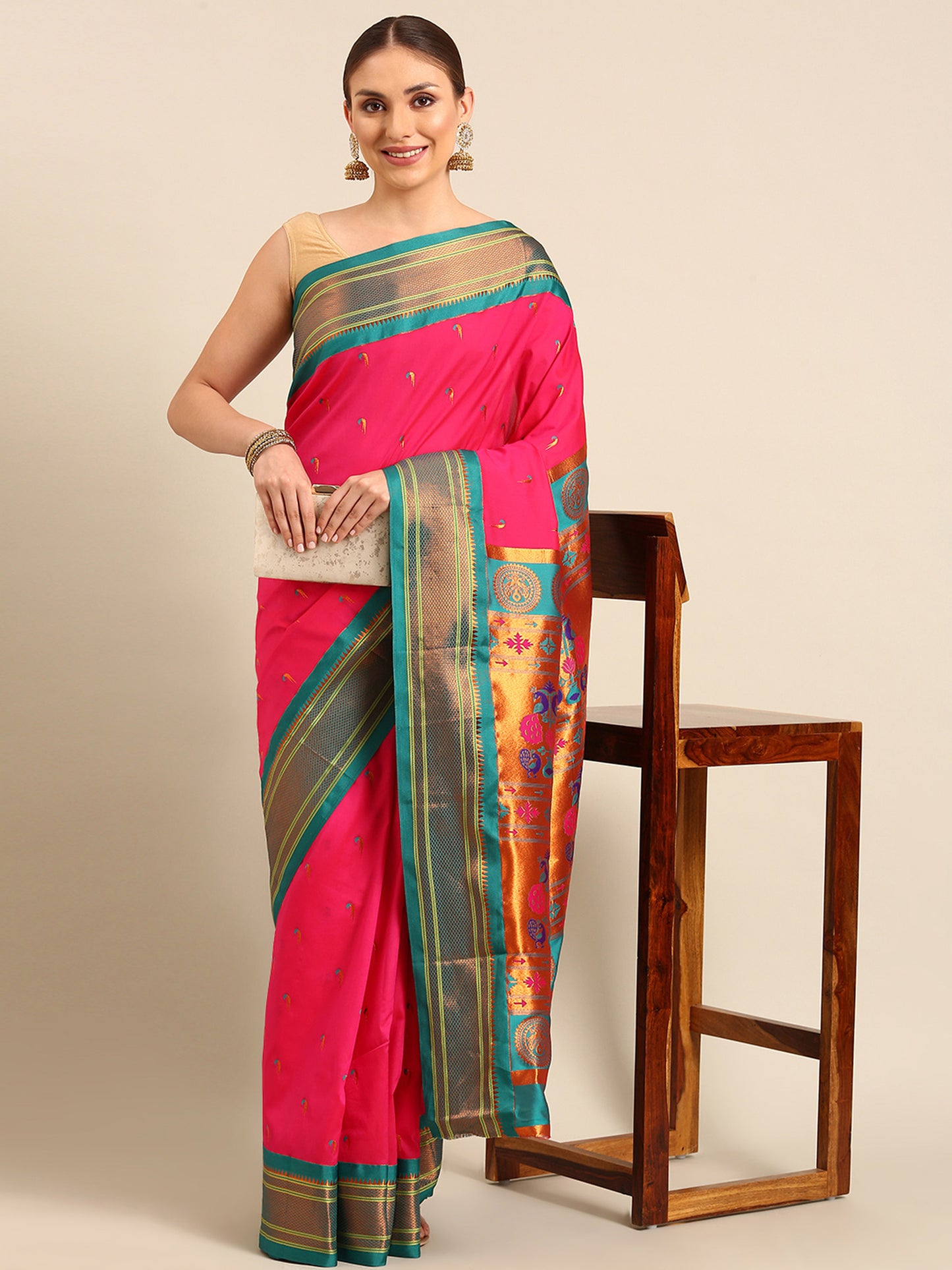 Amruta Hot Pink & Rama Soft Silk Muniya Paithani Saree