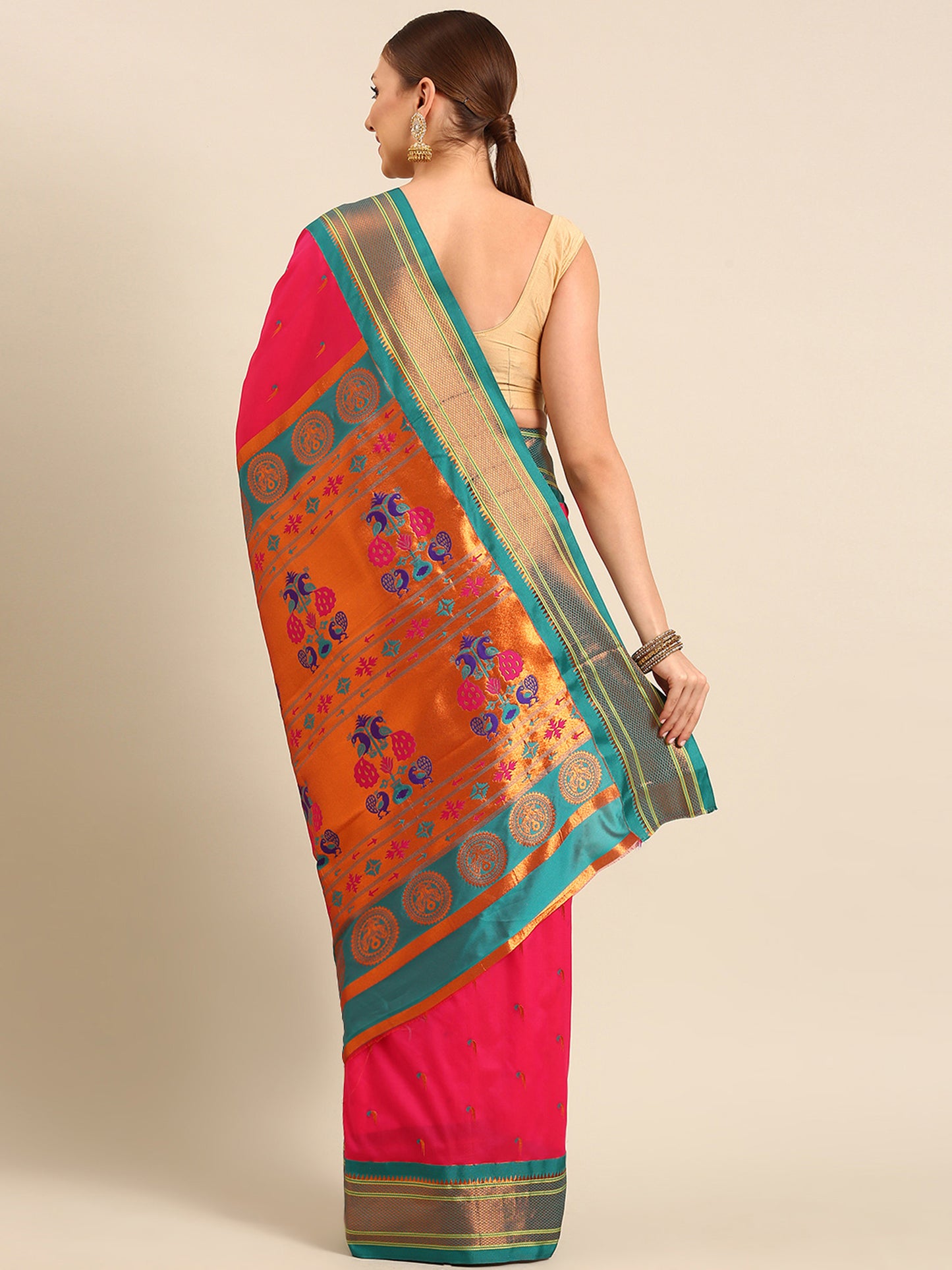 Amruta Hot Pink & Rama Soft Silk Muniya Paithani Saree