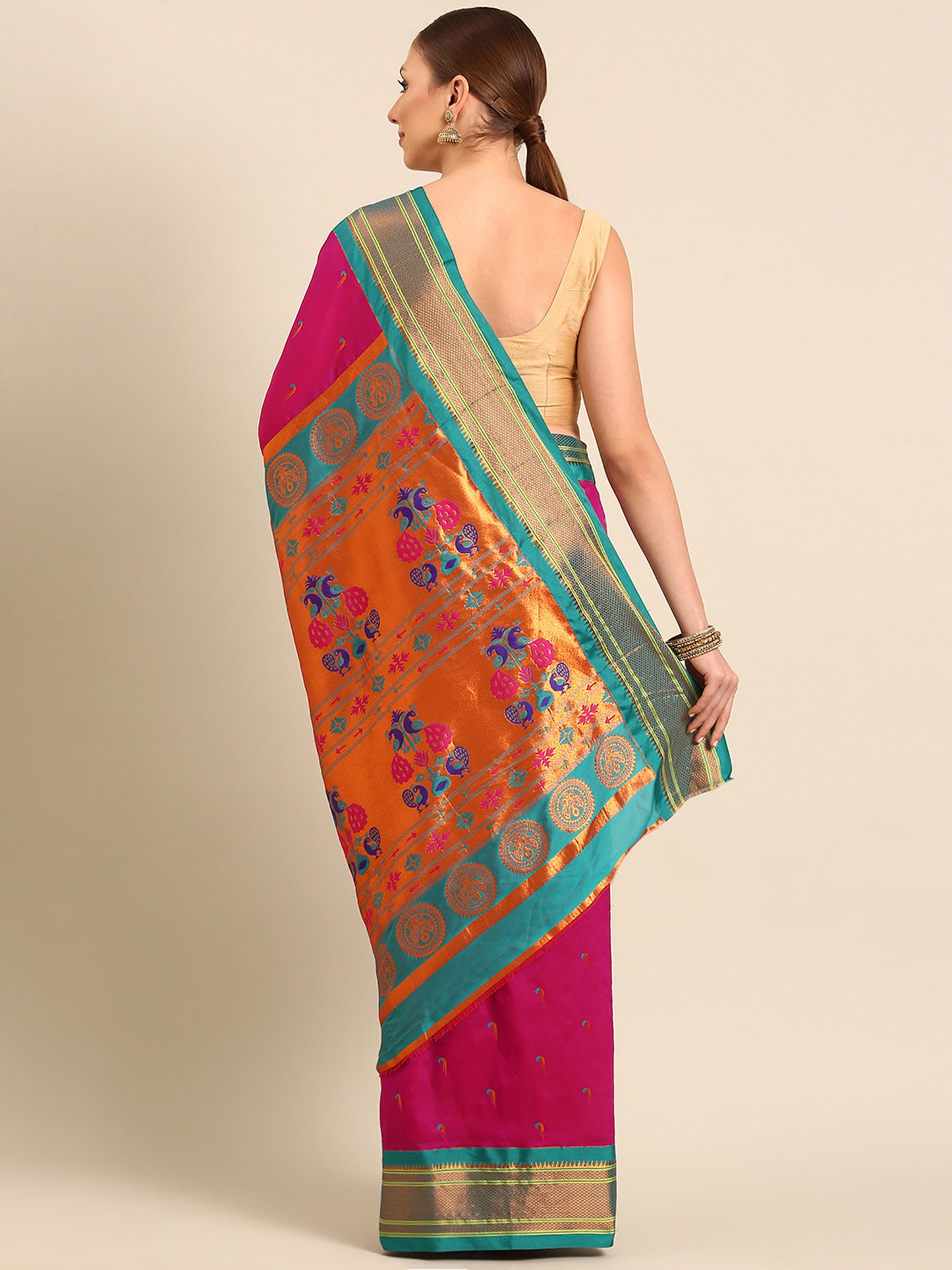 Amruta Magenta & Rama Soft Silk Muniya Paithani Saree