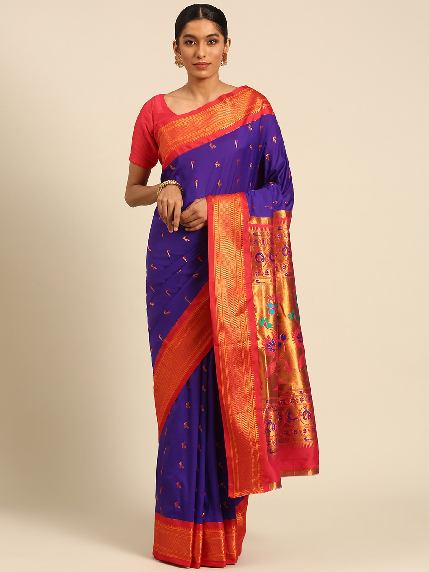 Aarushi Indigo Blue & Red Soft Silk Muniya Paithani Saree