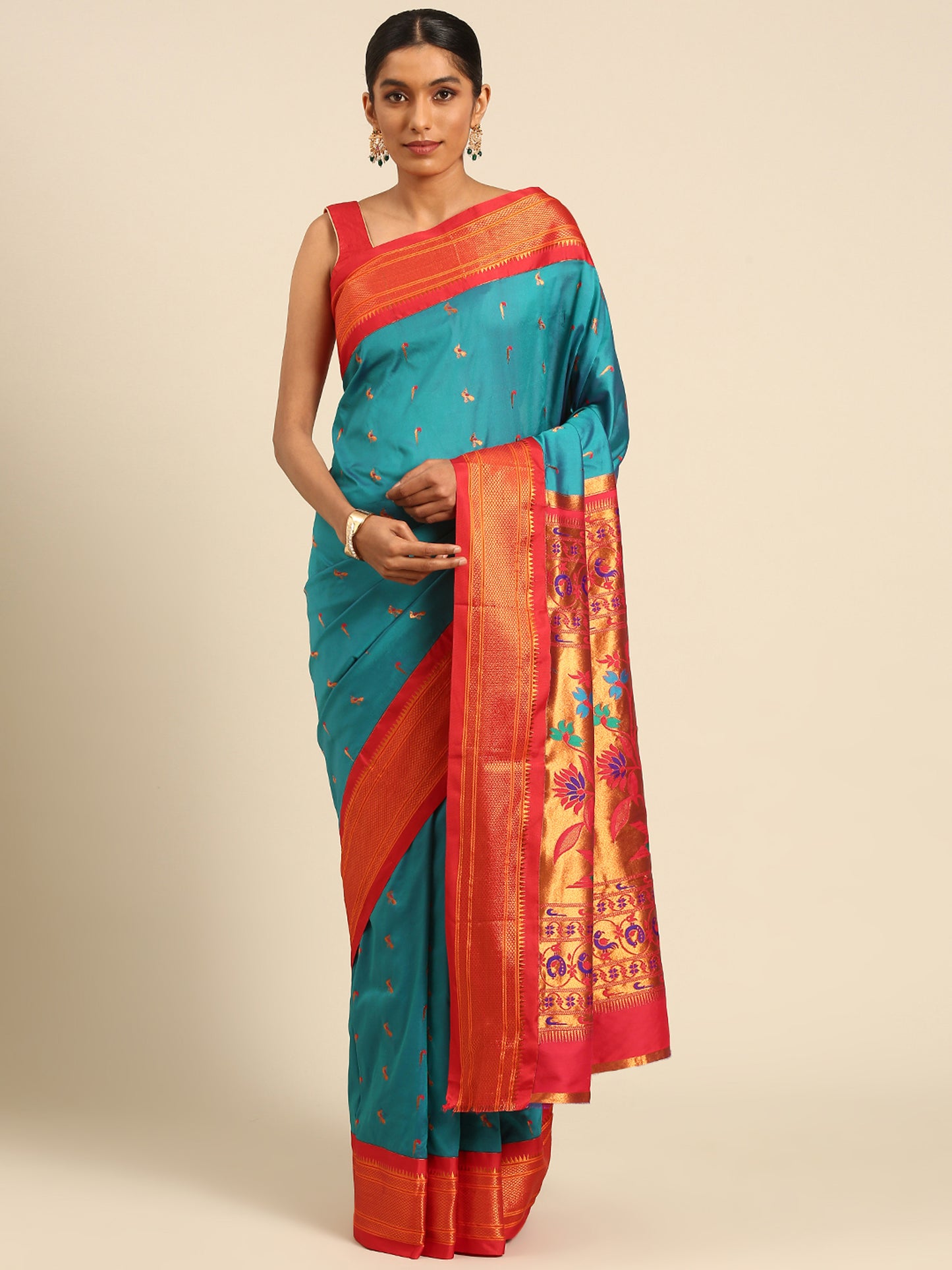 Aarushi Rama & Red Soft Silk Muniya Paithani Saree