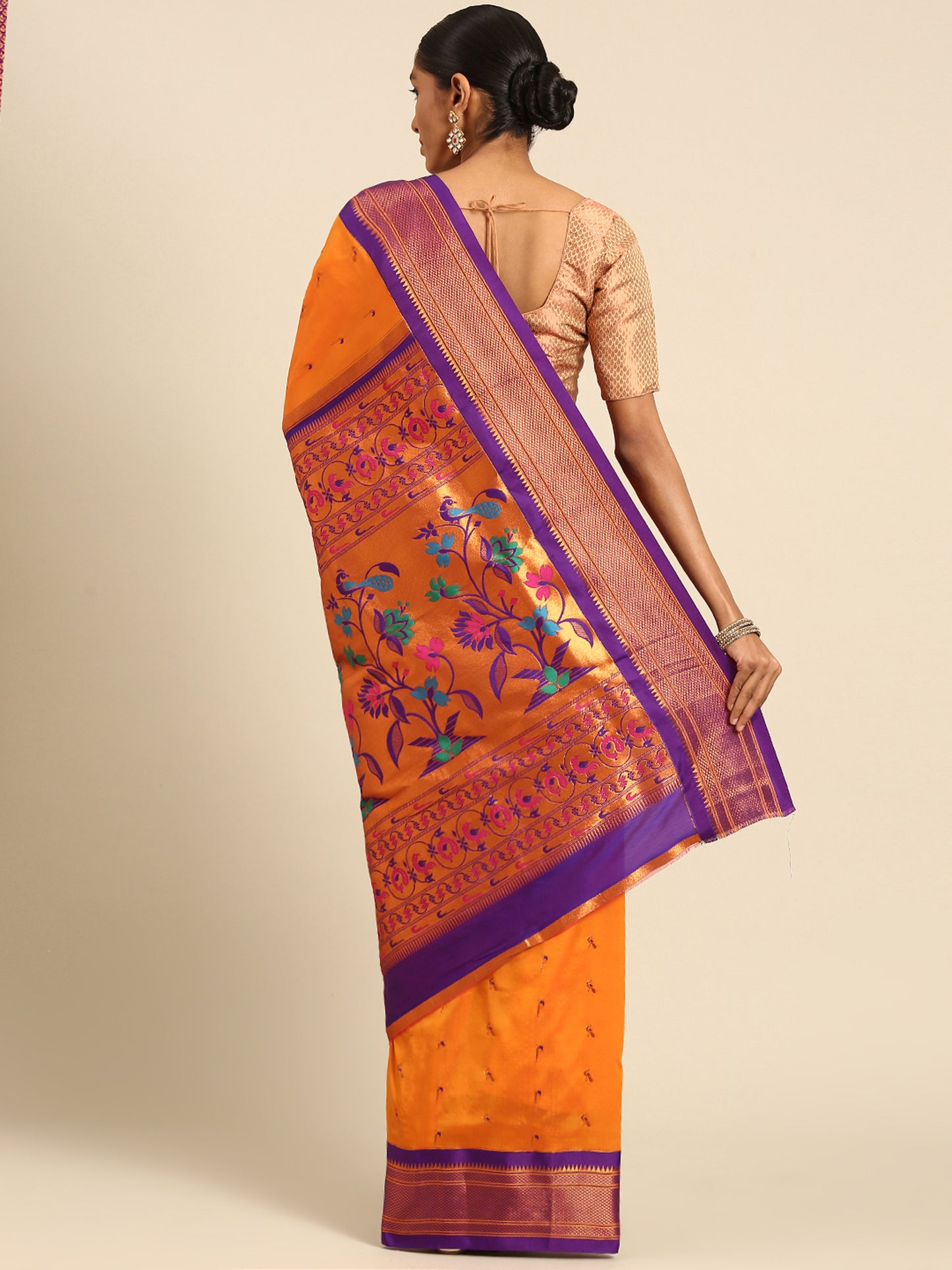 Aarushi Orange & Violet Soft Silk Muniya Paithani Saree
