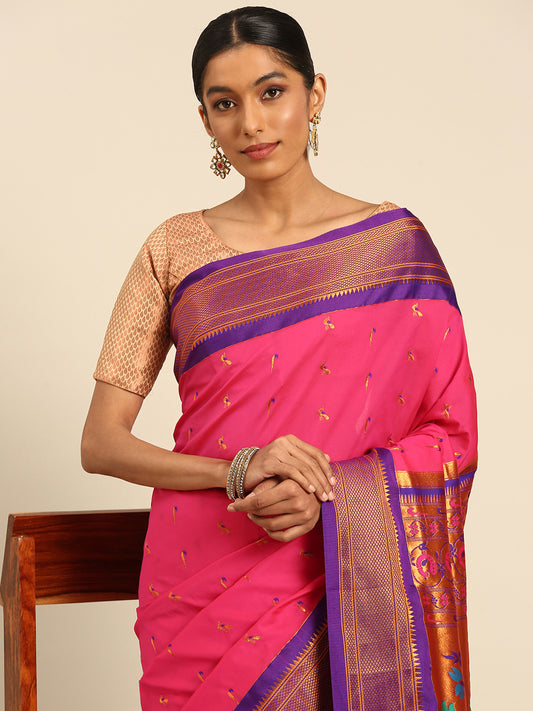 Aarushi Hot Pink & Violet Soft Silk Muniya Paithani Saree