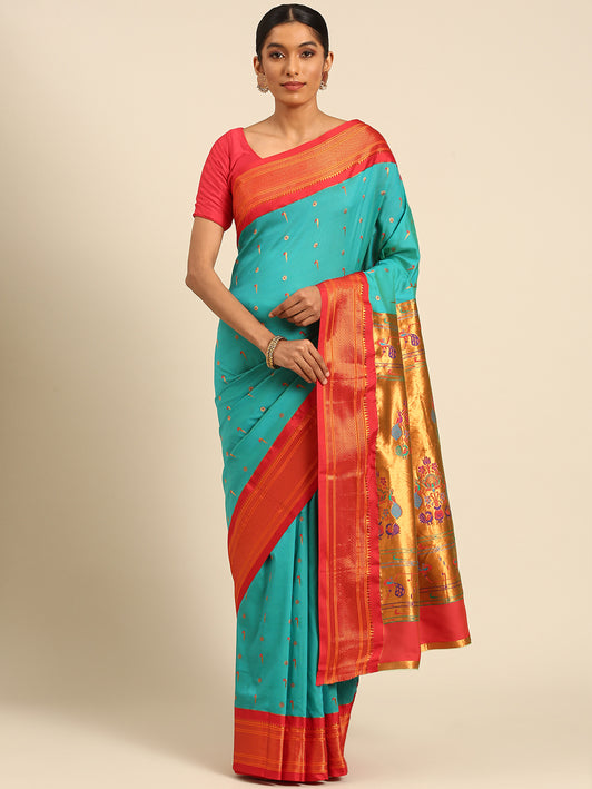 Suruchi Chintamani Blue & Red Soft Silk Muniya Paithani Saree